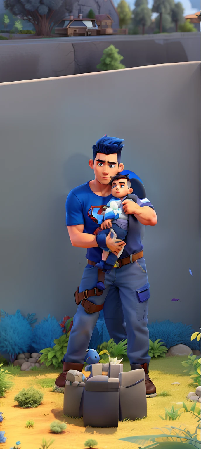 A young man with a dark blue shirt with the Superman shield, wearing gray pants, a toned body, a beard and goatee, shaved hair on the side and a mohawk on top, Holding his newborn son wearing a white shirt and blue pants, Mohawk hair , in front of you a newly planted tree, in the background a lawn and wall