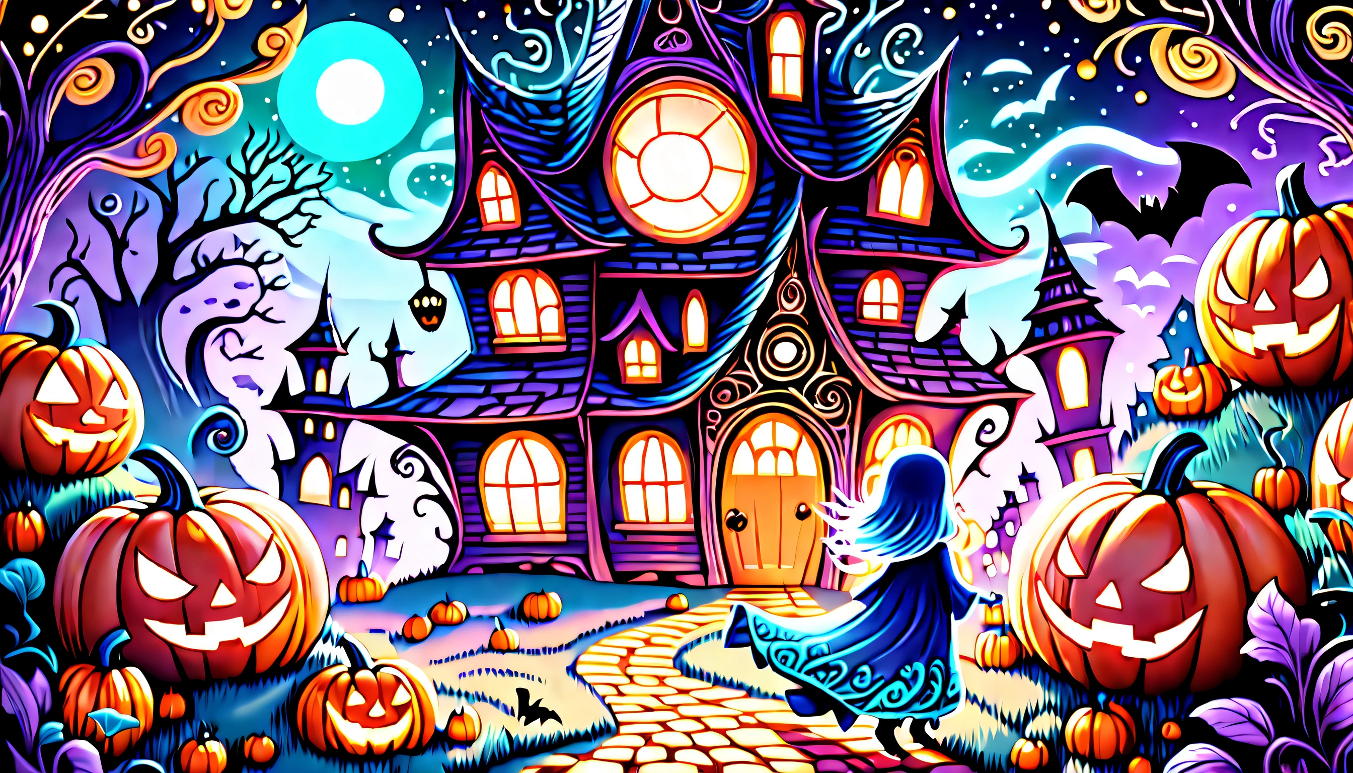 happy-halloween Insanely cute folktale, whimsical and enchanting fairytale-inspired illustration, vibrant cute, celebrate the spookiest night, brought to life through stunning visuals and intricate details, charm and nostalgia ghost, mystical presence, vibrant world of astral noir, vibrant world of astral noir lighting, conceptual contrast, (((stunning intricate detailed 32k render:1.3))), (((intricate insane details:1.3))), (((extremely incredibly detailed:1.3))), allure of fantasy with the dynamic energy of the digital realm,