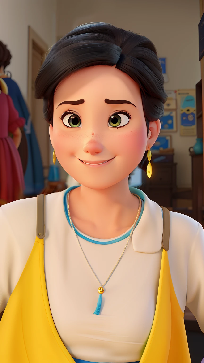 Poster no estilo Disney pixar, alta qualidade, melhor qualidade, mulher branca, olhos castanhos escuros, cabelo curto cacheado