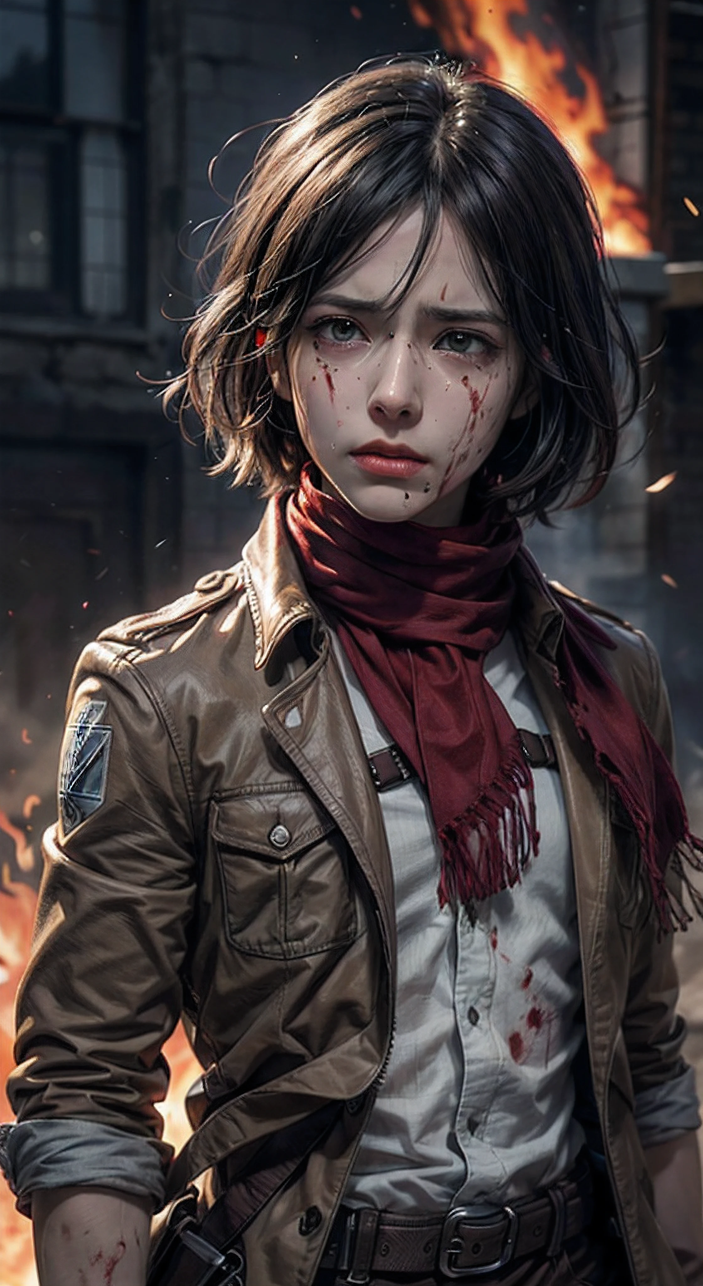 (masterpiece), (hyper realistic), Attack on Titan, half body shot, Mikasa Ackerman, Crying, sadness, Tears, A maroon scarf around his neck, blood stains on his face and clothes, dinamic lighting, dramatic fire background