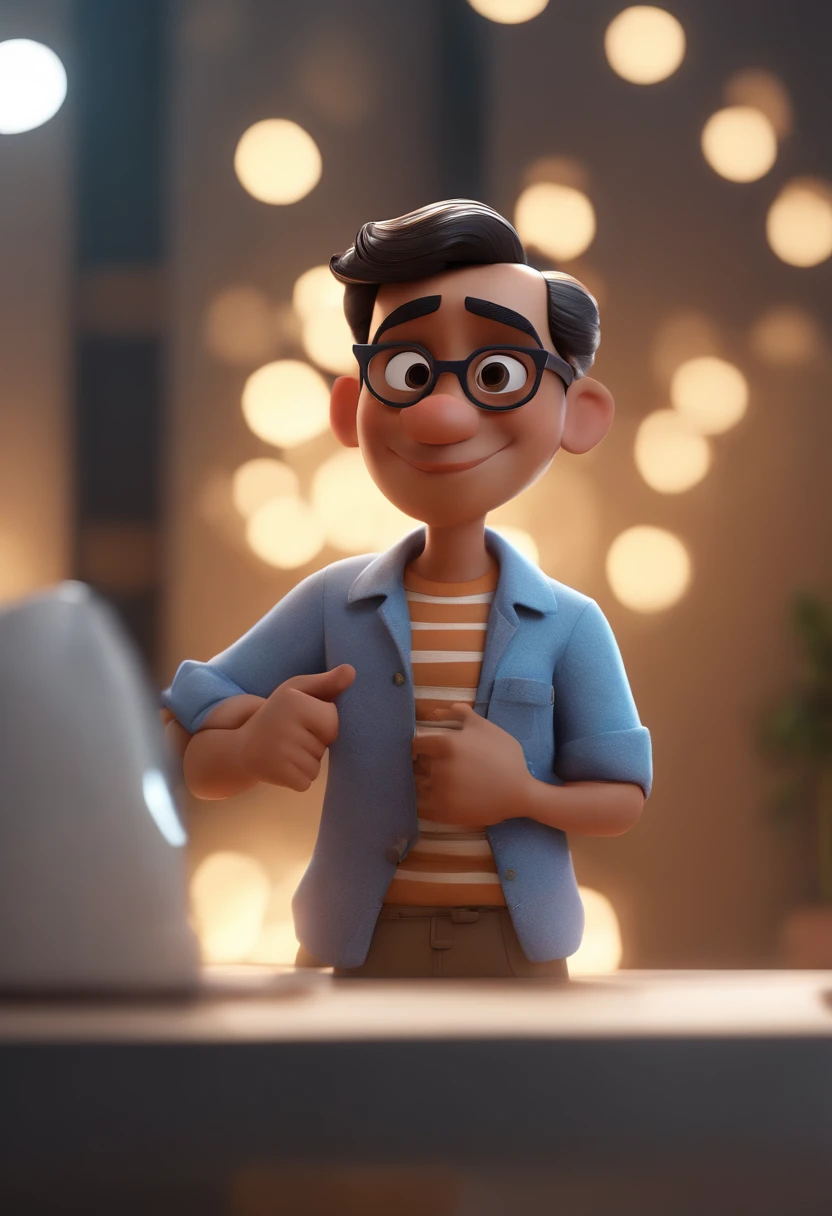 Cartoon character of a man wearing transparent glasses and a gray shirt, um personagem animado, Caractere estilizado, animation style rendering, 3D estilizado, Arnold Maya render, 3 d render stylized, toon render keyshot, Personagem 3D, Personagem 3D, 3d rendering stylized, 3 d character render, personagem de desenho animado, Personagem de close up, Pose de personagem, (Estilo Pixar) (master part:1.2) (Bokeh) (best quality) (pele detalhada) (textura detalhada) (8k) (argila) (Cinematic lighting) (foco nítido,Senta e vaza a parte superior do corpo