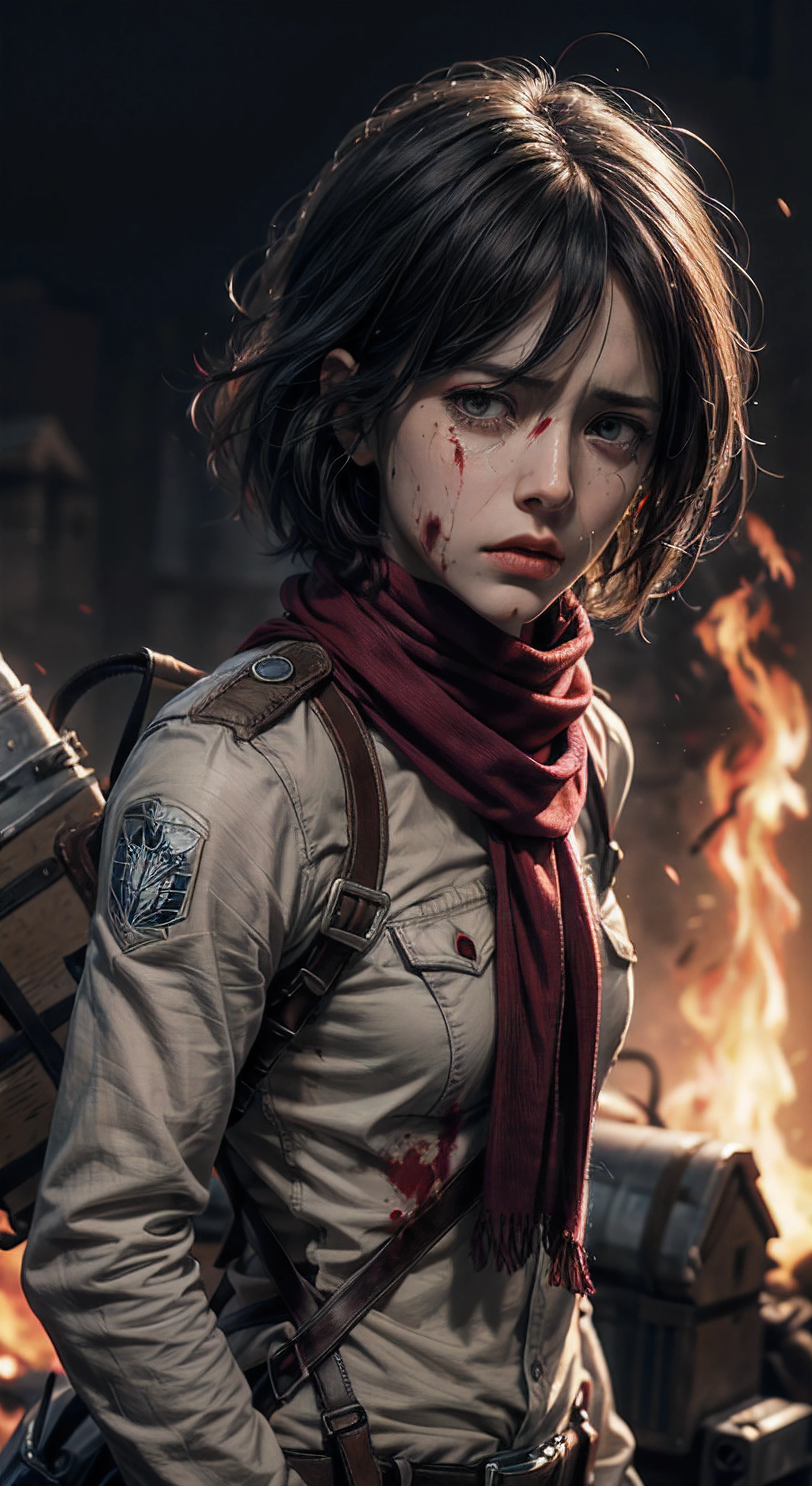 (masterpiece), (hyper realistic), Attack on Titan, half body shot, Mikasa Ackerman, Crying, sadness, Tears, A maroon scarf around his neck, blood stains on his face and clothes, dinamic lighting, dramatic fire background