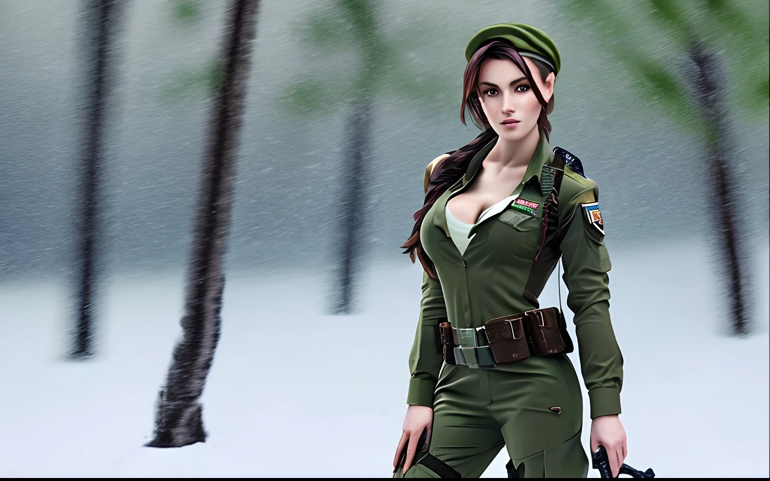 (Best Quality) Araf woman in military uniform posing in snow, Digital Art Inspired by Ryan Barger, Artstation contest winner, digital art, Gorgeous Jungle Ranger, Metal Gear Solid Silent, Realistic shading, perfect body, Cammy, military girl, Barbara Hammer 4K, Infantry Girl, Adventure Surreal Rendering, Cute sexy ass, Ultra-realistic photography, (cleavage)