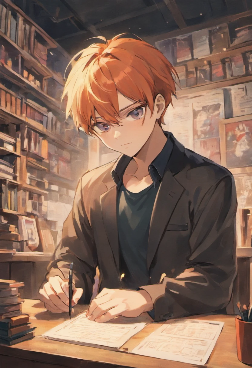 25-year-old anime boy, he must look older and serious , dans son bureau, Making a YouTube video