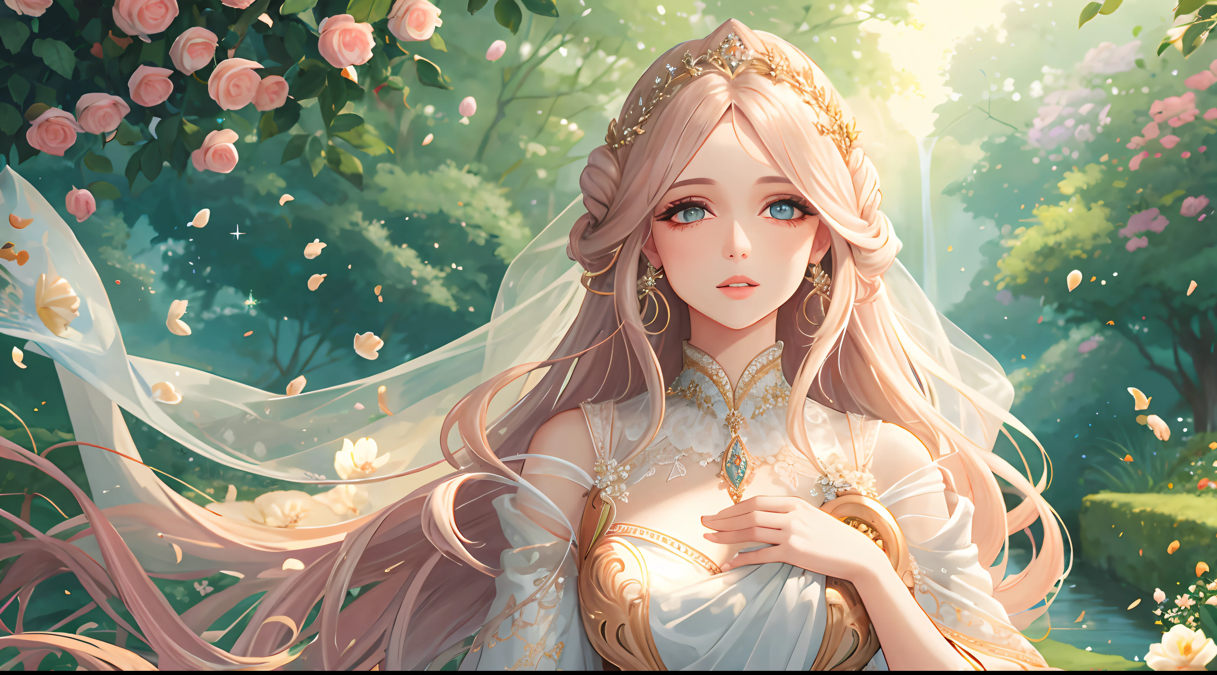 belos olhos detalhados, beautiful detailed lips, Rosto extremamente detalhado, long eyelashes, soft, flowing hair, postura elegante, Flowing dress, jardim encantado, flores coloridas, luz solar fraca, Brisa suave, magical ambiance, estilo de arte extravagante, cores vibrantes, dream lighting, (best quality, 4k, Altas), fotorrealista, Ethereal Fantasy Theme.