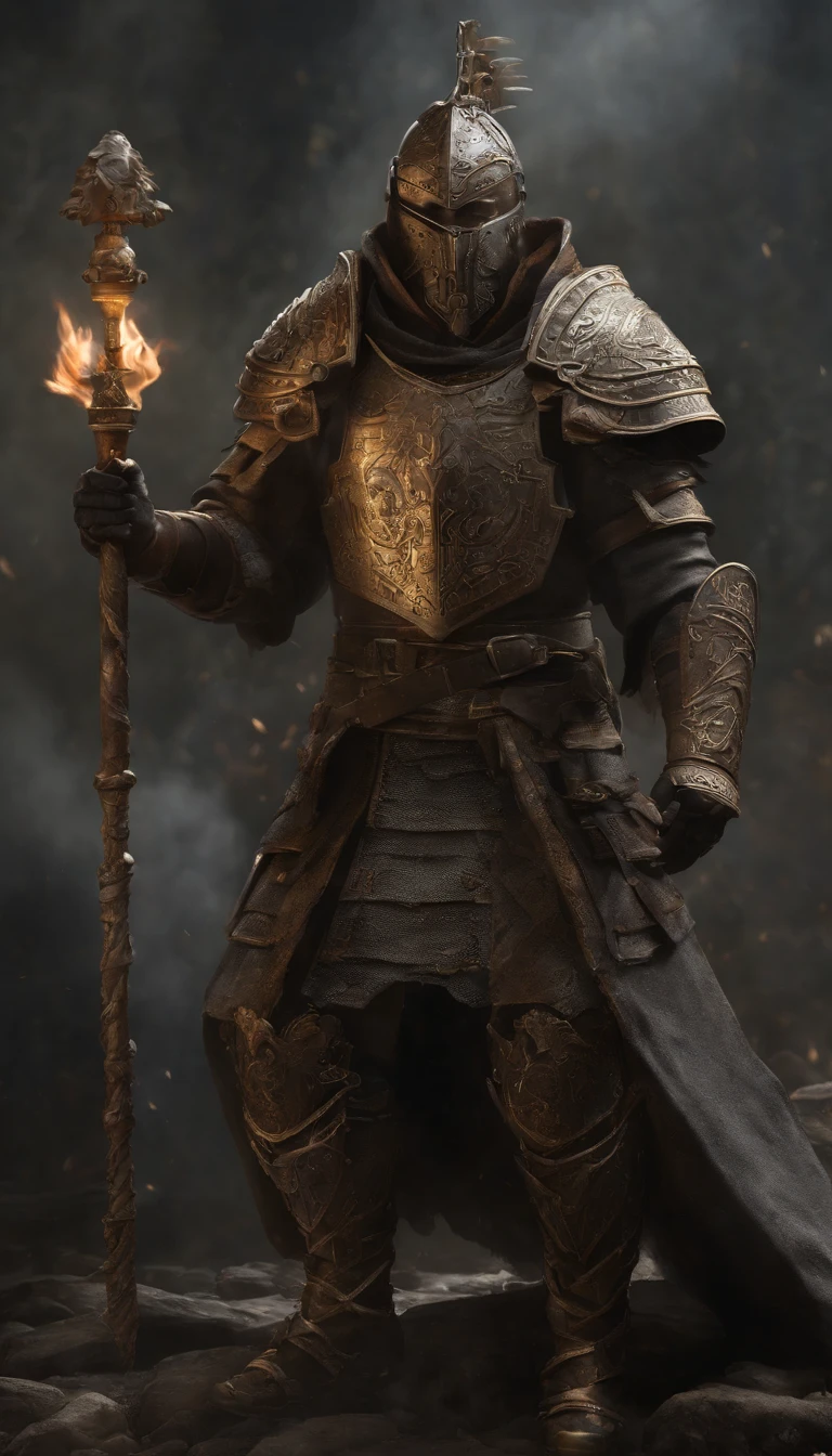 guerreiro, Conceito-Arte, autor:Kishiganku, arte de fantasia, Fundo do templo zen, clean render, um chifre, Use uma armadura, detailed bushido form smoke, capacete de uma divindade esquecida, character is standing, 8k realista, in game render, detalhe detalhado do fundo do rosto, Art Station home page, touro, Fantasia pseudo-medieval, Uma divindade vestindo armadura koi, armadura de bronze detalhada, Armadura de Bronze, armadura gravada dourada, Armadura Obsidiana de Ouro, armadura de ouro claro, Linda armadura de filigrana, A demonic warrior, Linda armadura cheia de espinhos, intrincada armadura assasin, armadura de metal intrincada, guerreiro poderoso, vestido com uma linda armadura dourada,Decorated with intricate patterns, O capacete tem uma grande coroa e dois chifres,olhos vermelhos brilhantes, Everything is in the dark, The smoky background hints at the battle scene, Adicione uma aura sinistra ao seu personagem,The Giant Wings of the Demon,submission, tiro de corpo inteiro.