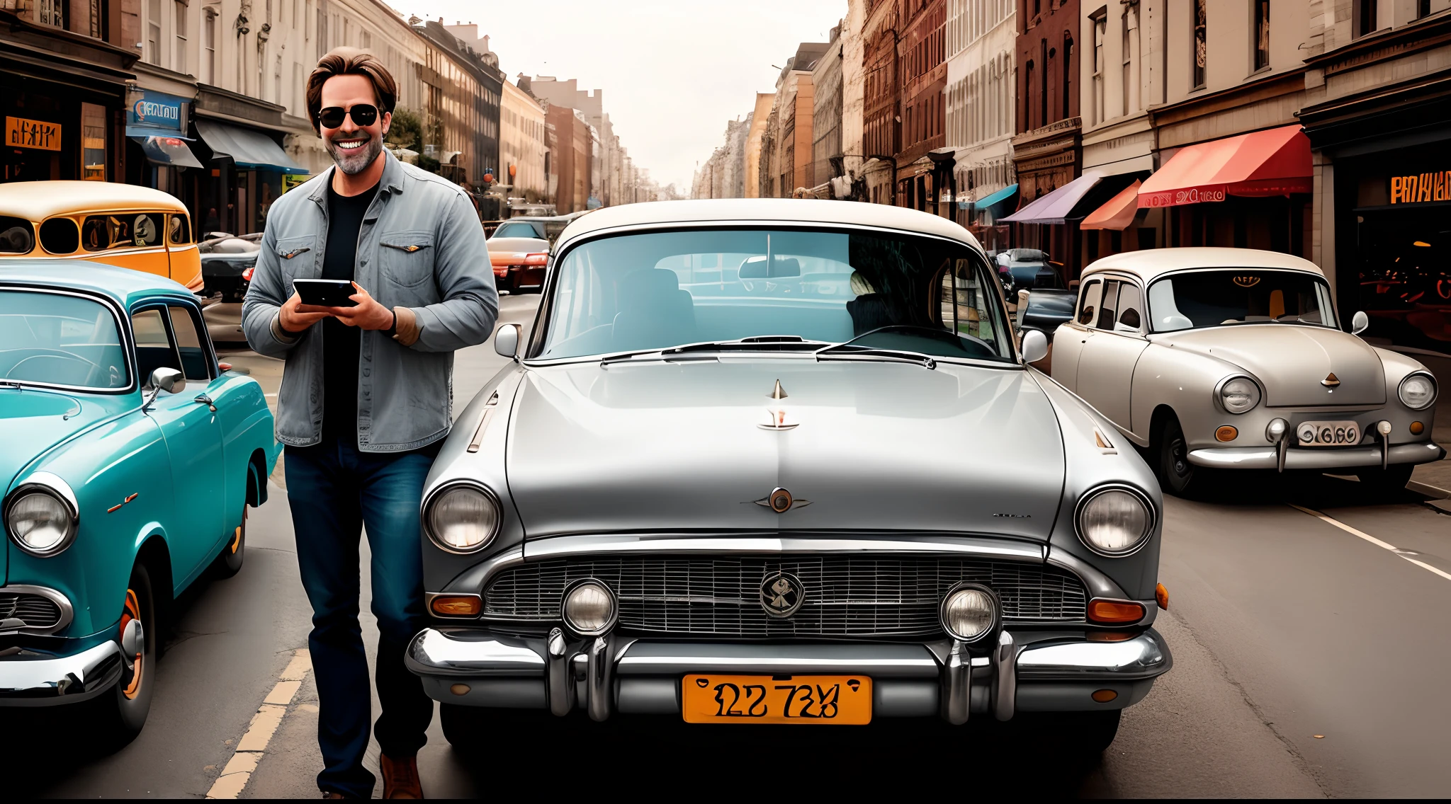 Pixar Photo Man Brown Hair Low Sunglasses Gray Beard New Smiling Background Cars Holding iPhone In Hand