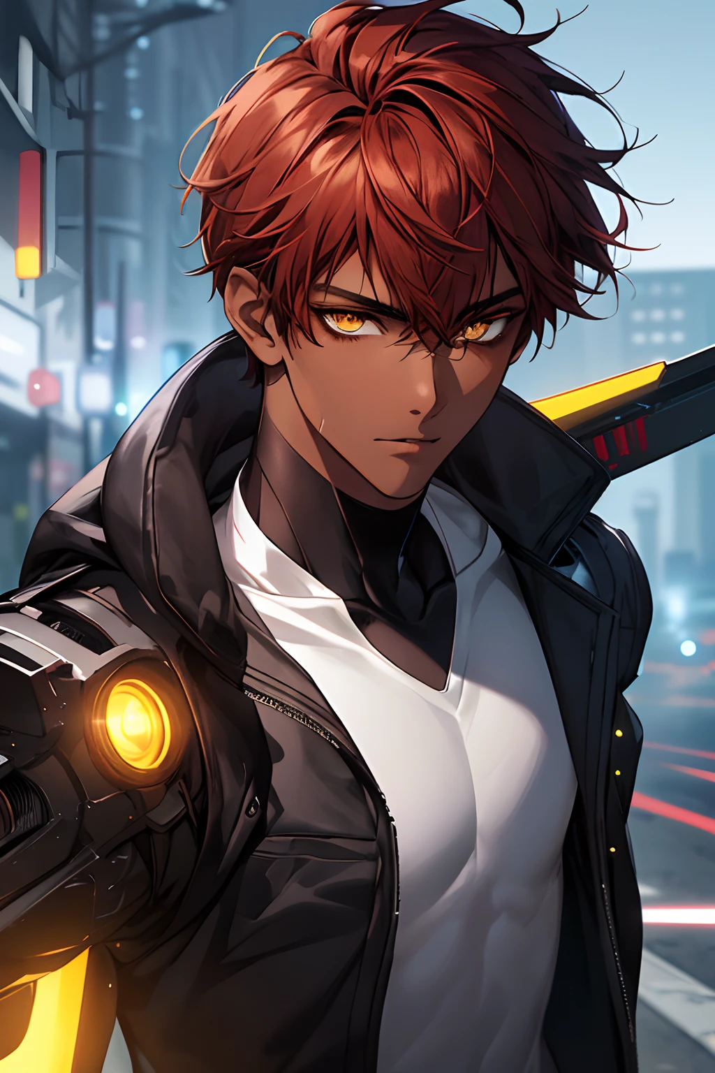 {{top-quality,​masterpiece,8k wallpaper}},top-quality,Ultra-detailed CG Unity,Particle,Cinematographic lighting,lensflare,((1 teenager)),a handsome,youthfulness,a 20-year-old boy,slender,Looking at the camera,Condescending look,Ridicule,make light of,close up of face,{{Sunburned skin,Brown skin,Brown-skinned,Arab}},sharp gaze,Delicate eyes,(Yellow eyes),Eyes glow,cyberpunked,cyberpunkcity,Street,Dark red hair,short-haired,dark boy.