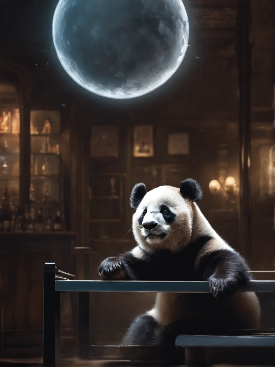 Lively and playful pandas, Jumping and jumping,grexaggerated movements,Part-time job service at a billiards bar,Dragged a plate of wine,Wearing sunglasses, Crumbling posture, Abstract beauty, Diagonal composition, Looking at the camera, Facing the camera, nearing perfection, Dynamic, Moonlight, Highly detailed, Digital painting, art stations, concept-art, smooth, Sharp focus, 8K, high definition resolution, illustration, Art by Carne Griffiths and Wadim Kashin, White background