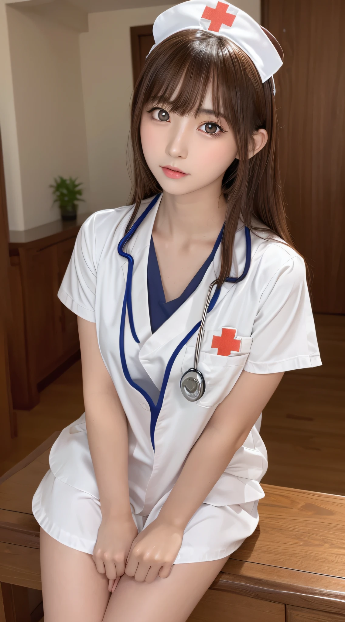 masutepiece, Best quality, One girl, (Beautiful girl:1.3), (18 years old:1.3), Very fine eye clarity, (Symmetrical eyes:1.3), (nurse costume:1.2), Beautiful breasts, Brown eyes, Parted bangs, Brown hair