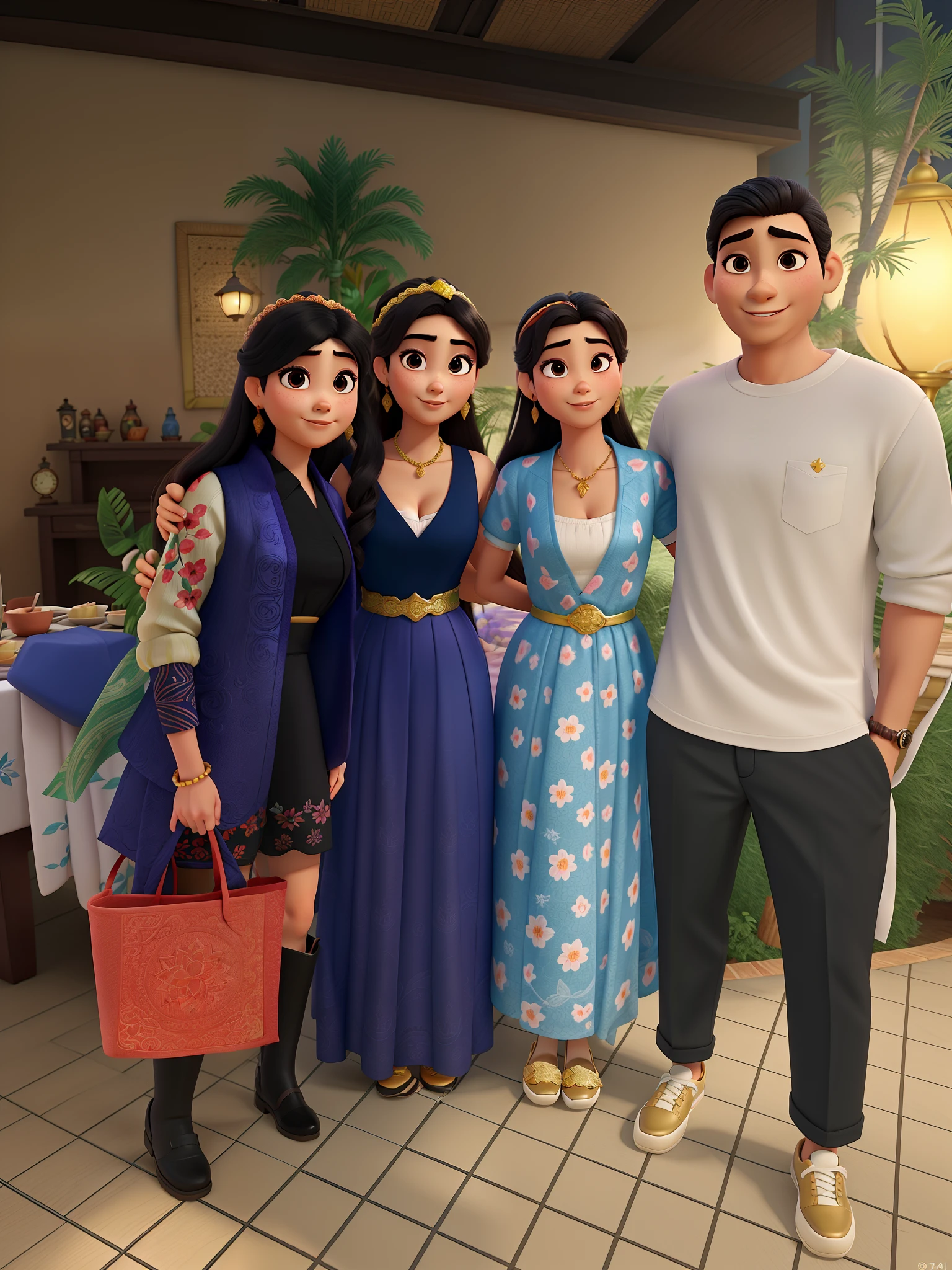 Uma noite de festa 3 mulheres e um homem oriental estilo Disney Pixar, alta qualidade, melhor qualidade.