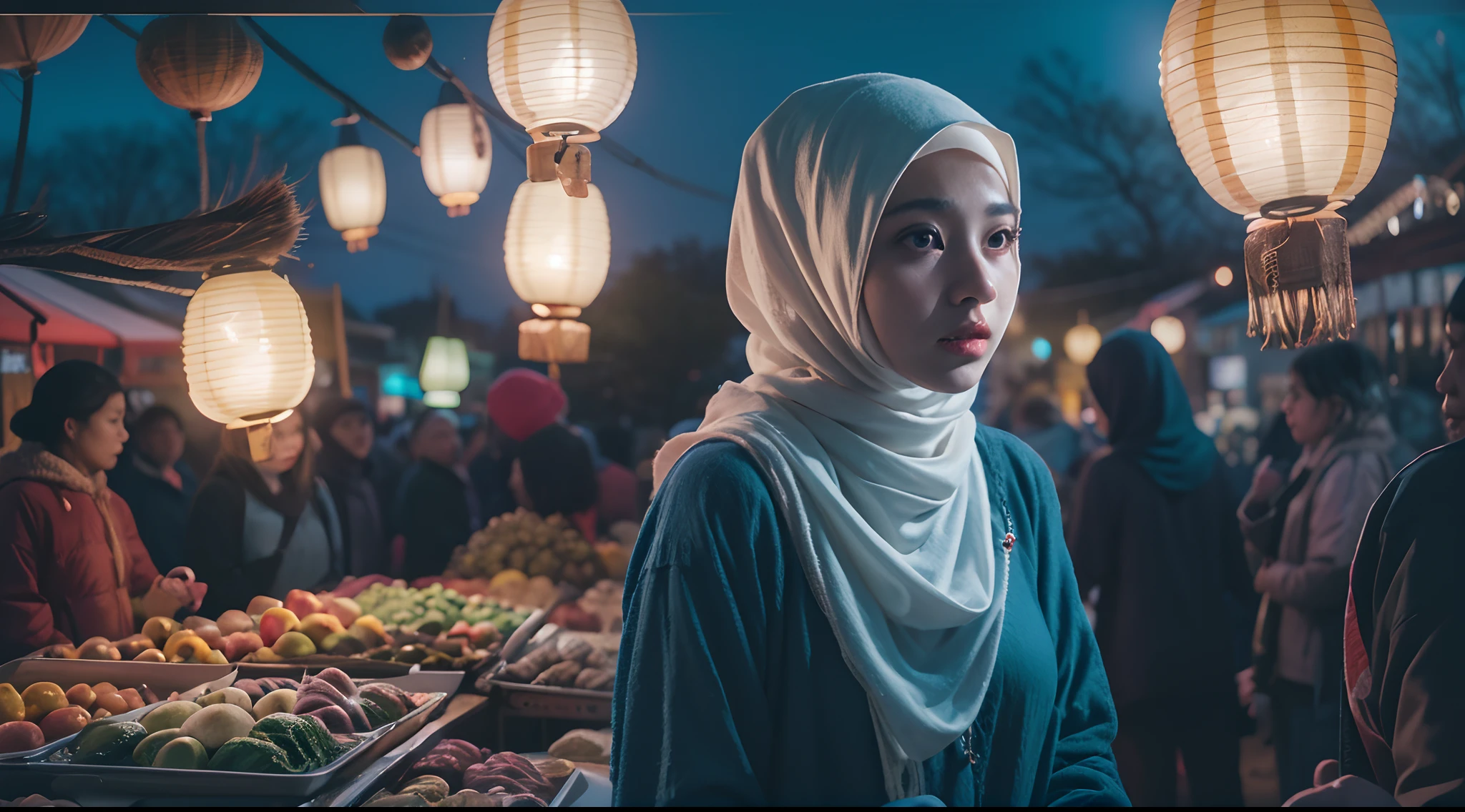Create a scene in an otherworldly night market filled with mystical stalls and glowing lanterns. The Malay girl in hijab is navigating the market's mysteries and wonders. Prores lens, Low angle shot, blue color grading, cinemascope, natural light, Dynamic shadows, horror film, high quality, ultra detail, 8k, using Panavision DXL2 camera.