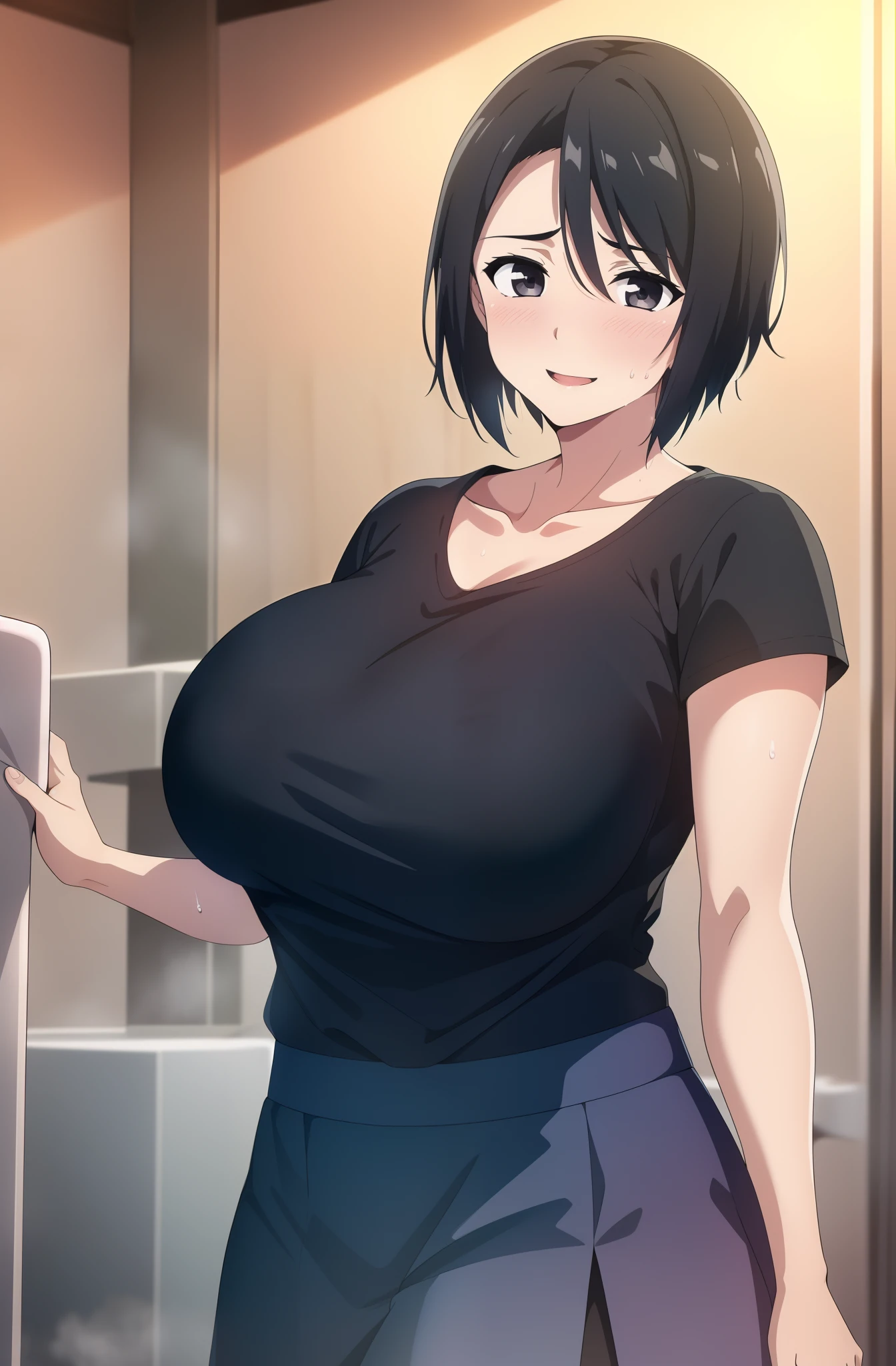 in a bathroom, 1girl, solo, looking at viewer, shameful expression, blush, happy, blushful, short hair, huge breasts, black shirt outside white shirte inside, loose shirt, pantyhose, black hair, collarbone, blue skirt, standing, sweatdrop, detailed black eyes, black shirt, opened mouth, curvy, sexy, official art, extremely detailed CG unity 8k wallpaper, Colorful, (masterpiece:1.0), (best_quality:1.0), ultra high res, 4K, ultra-detailed, photography, 8K, HDR, highres, absurdres:1.2, film grain, blurry background, bokeh:1.2,