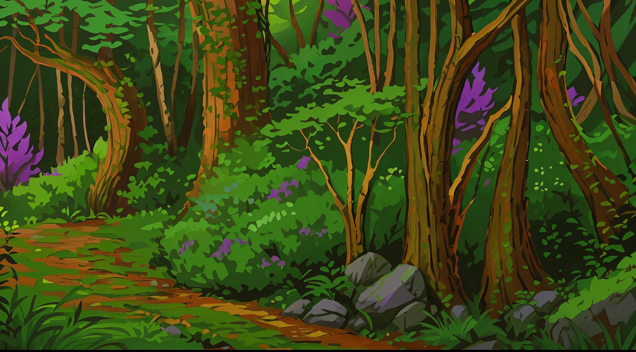 cartoon illustration of a forest with a purple vase and rocks, the jungle at the background, the background is lush jungle, alien forest in background, elf forest background, jungle in background, at lush forest background, jungle background, background jungle, art nouveau jungle environment, scene inside forest, background art, forrest background, random background scene, overgrown jungle environment