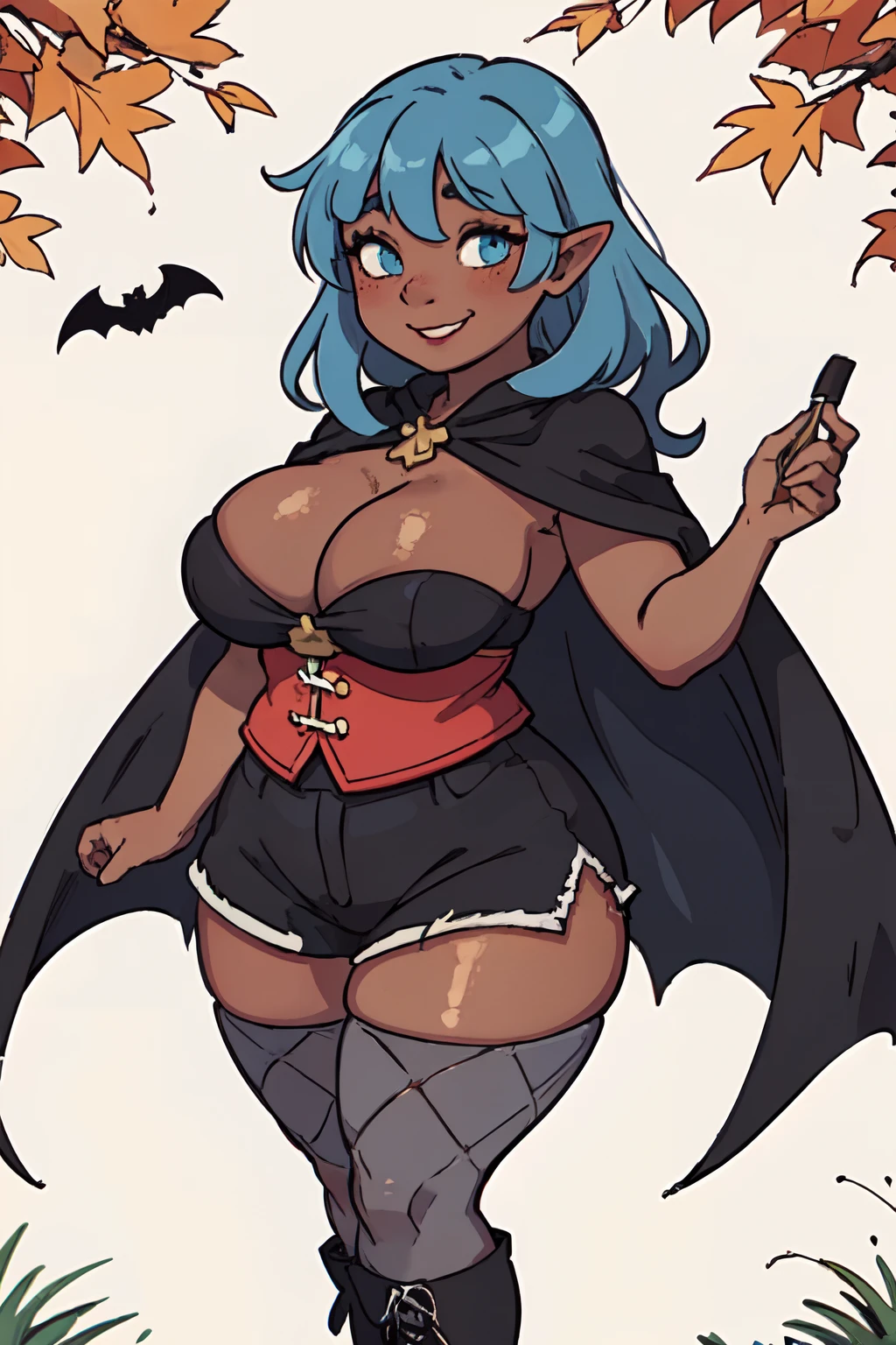 (1girl: 2), ((solo)), (dark skinned:1.8), (goblin_woman: 1.4), azure_blue_hair, very long hair, wide body, (huge breast: 1.9), hair between eyes, wide hips, blue eyes, wide legs, mole, mole on chest, age up, lips, big lips, big noise, thick eyebrows, (chubby:1.7), freckles, smile, autumn trees, candy bag, (vampire cosplay: 1.6), halloween, black bat wings, fishnets, pantyhose, fishnet pantyhose, cape, shorts, black shorts, knee boots, cross,