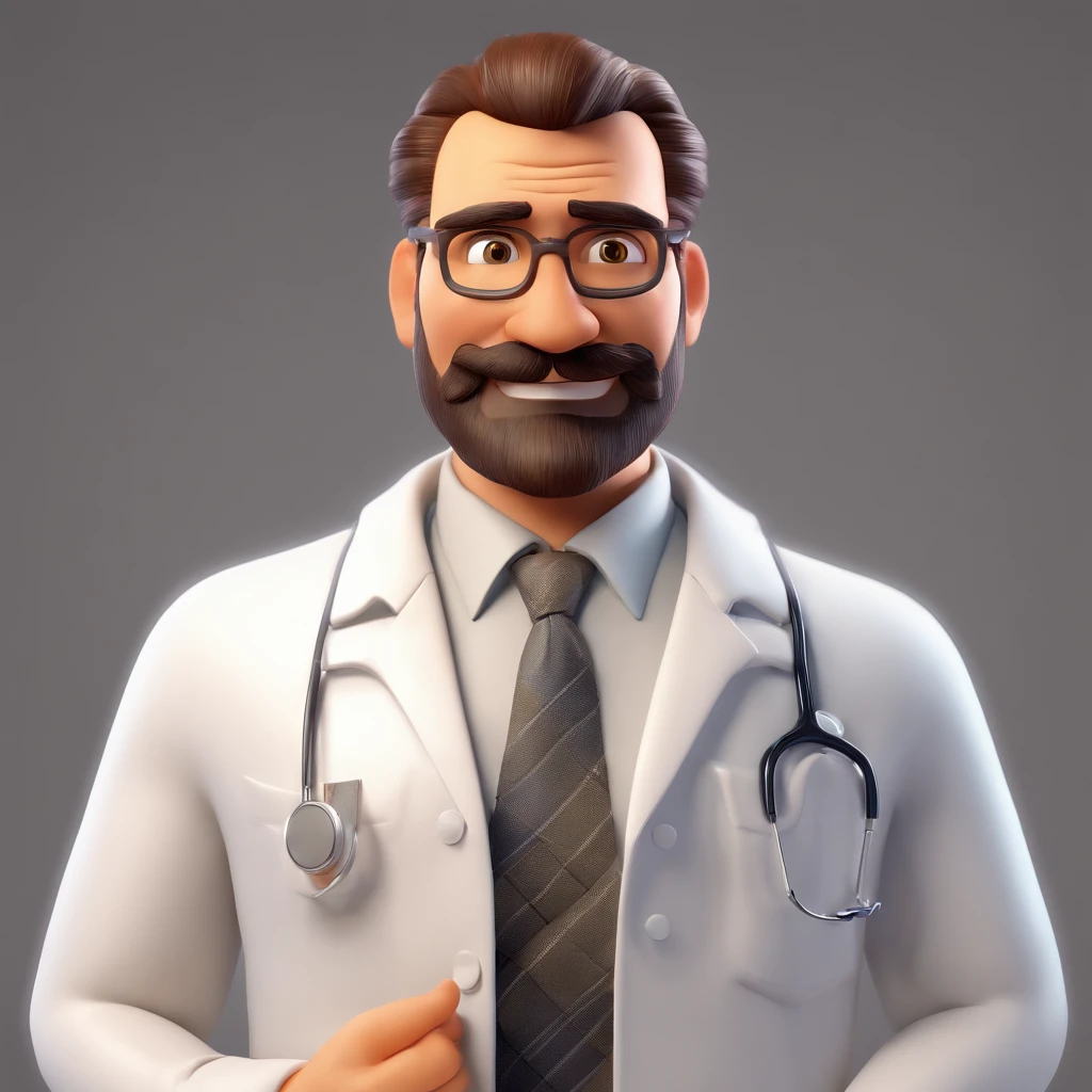 Make a realistic Pixar style poster of 3D animation. O personagem tem barba, cabelos curtos penteados para o lado esquerdo, wearing a white doctor's coat, Gold watch on your right wrist, Has an Arabian face, 8k