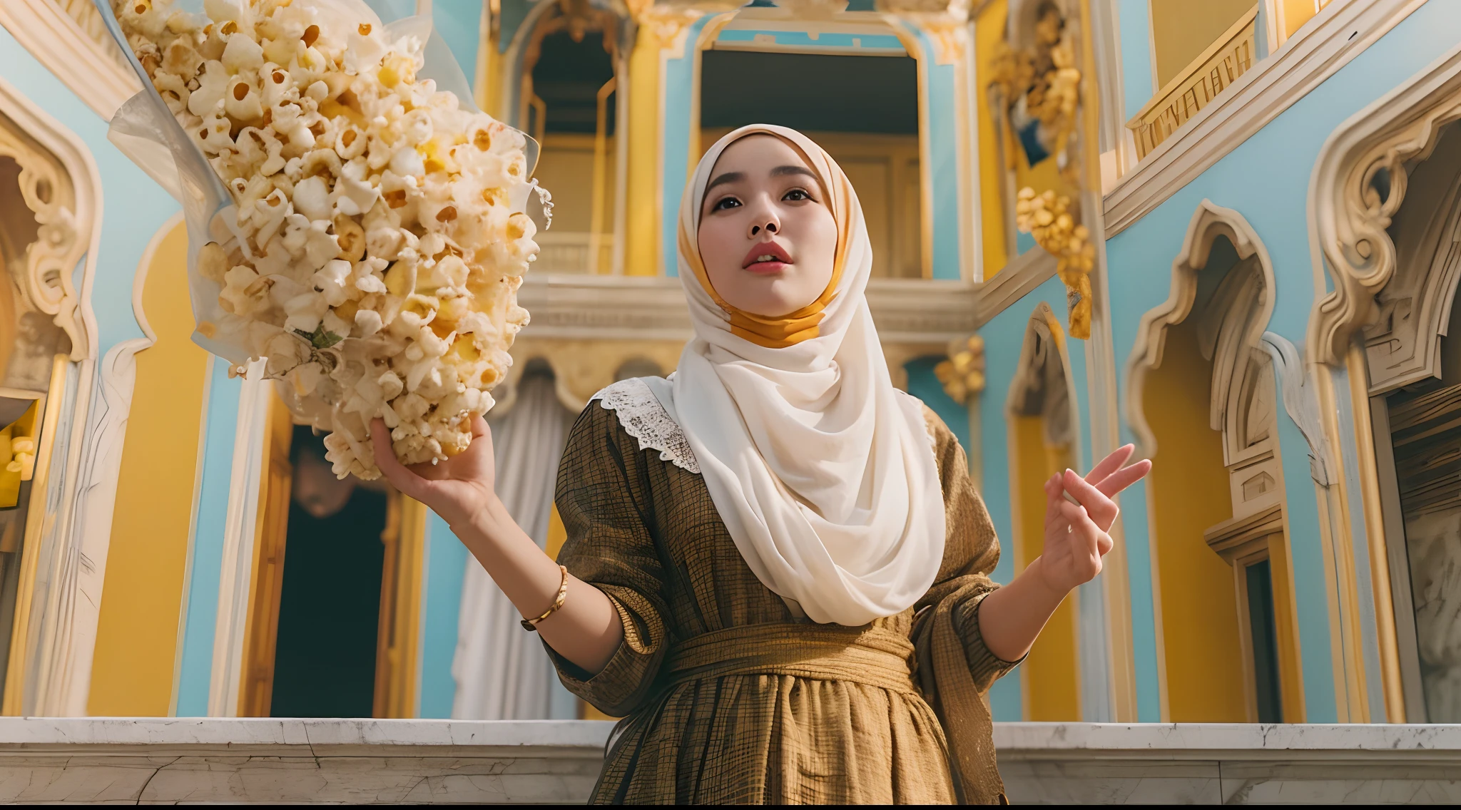 a beautiful malay young woman in hijab, is standing with large popcorn explosion in the background, popcorn flying in the air, in the style of mid sommar, fanciful, natural landscape , dreamlike imagery, captivating documentary photos, flowing fabrics, disintegrated, intricate, style raw, in the style of Grand Budapest Hotel directed by Wes Anderson , low saturation, 28mm lens, Establishing shot, High Contrast cinematography effect, Natural Lighting, Desaturate color grading, high quality, ultra detail, 8k resolution,