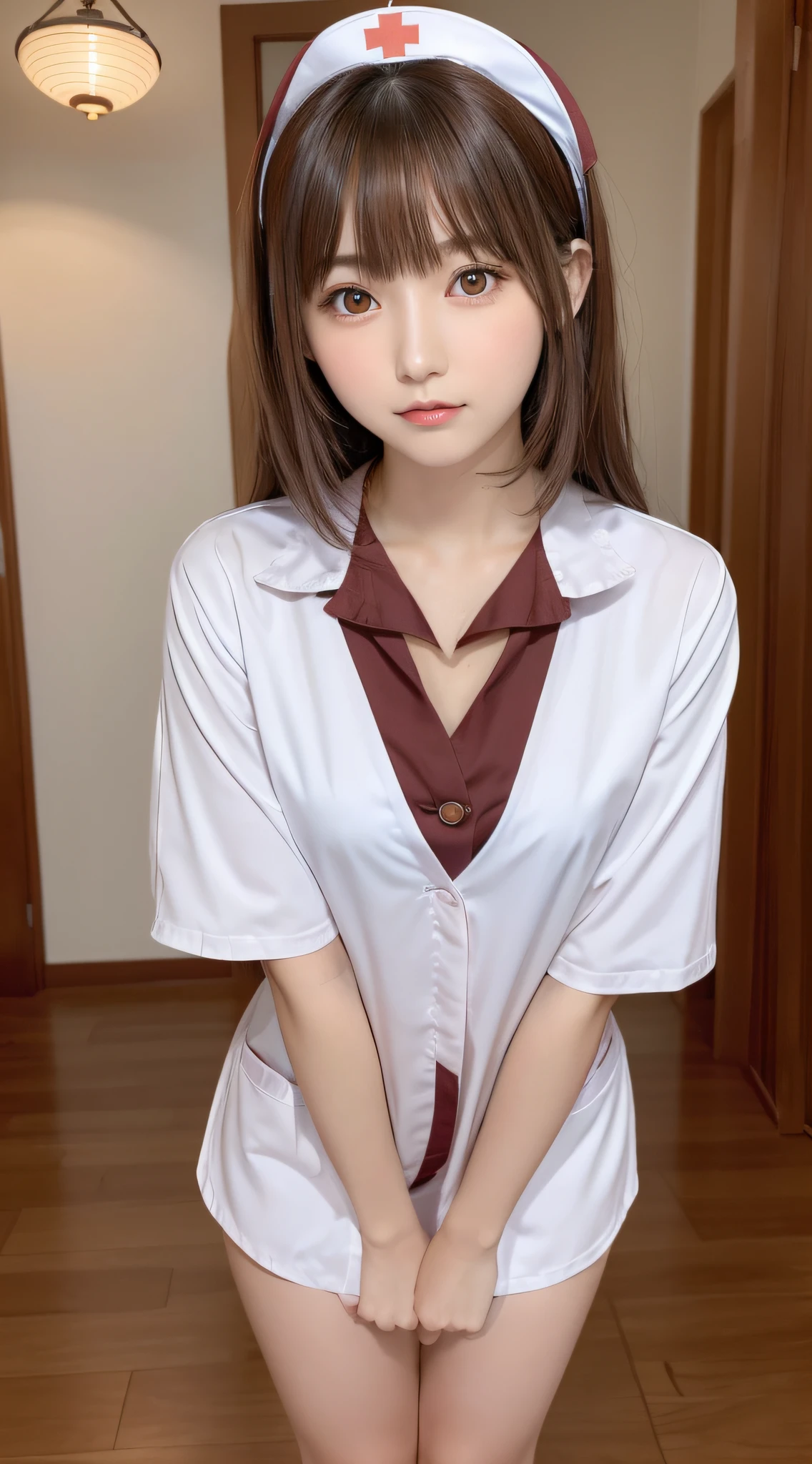 masutepiece, Best quality, One girl, (Beautiful girl:1.3), (18 years old:1.3), Very fine eye clarity, (Symmetrical eyes:1.3), (nurse costume:1.2), Beautiful breasts, Brown eyes, Parted bangs, Brown hair