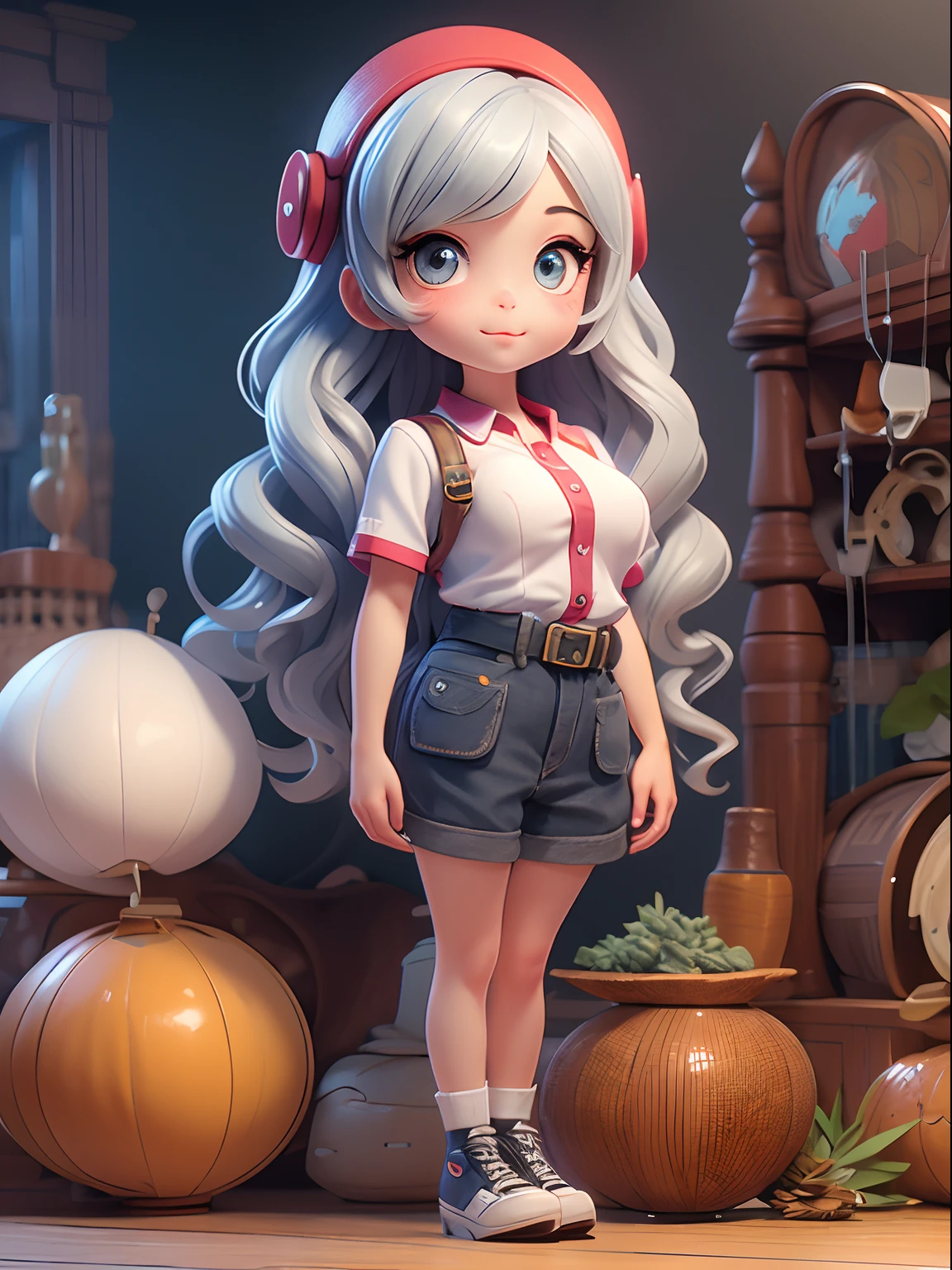 A little girl with gray hair, big eyes, and long hair，Wearing ICBC uniform，leather shoes，cute big breasts