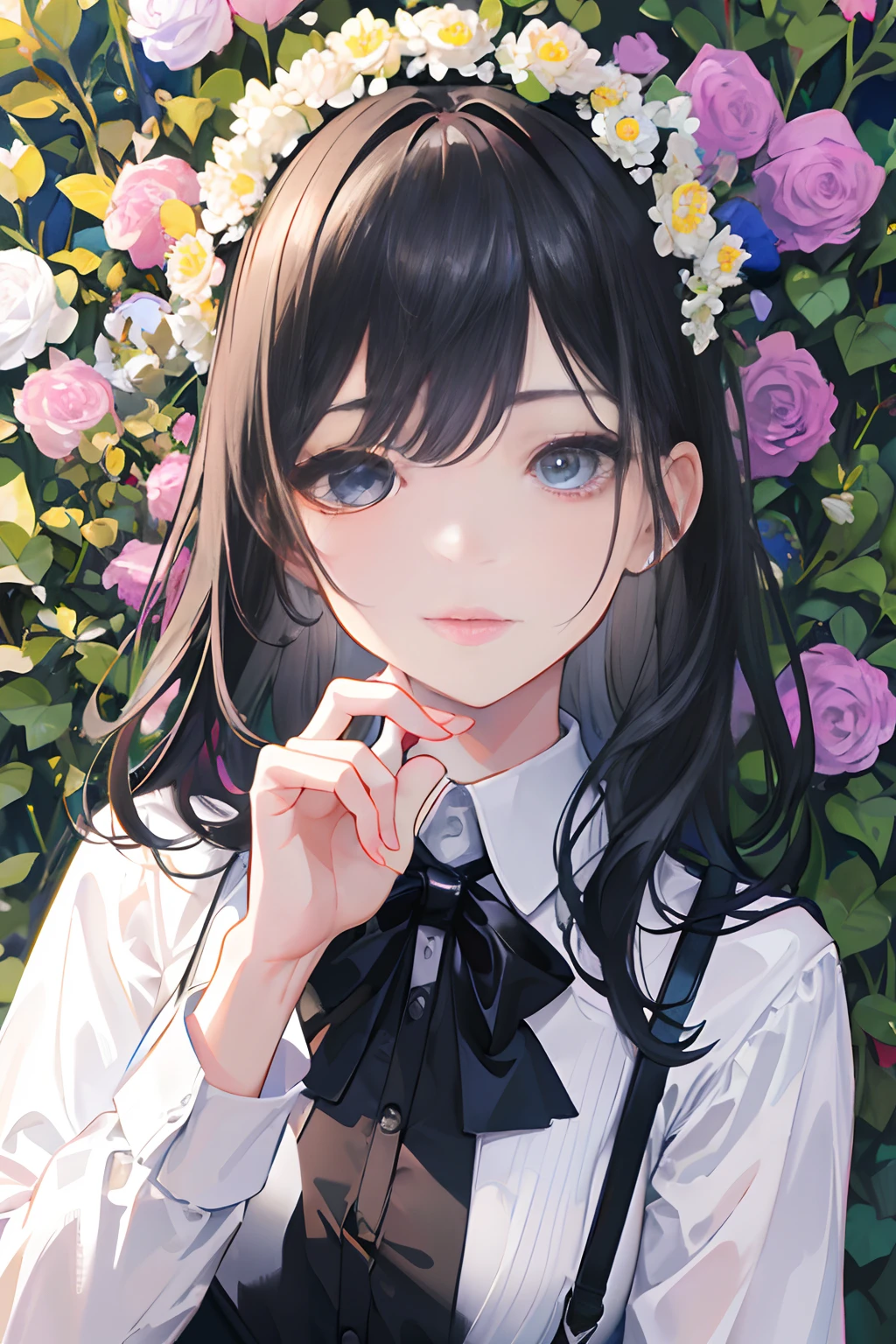 (best quality,4k,highres,masterpiece:1.2),ultra-detailed,realistic,portrait,beautiful detailed eyes,beautiful detailed lips,girl,garden,black hair,work uniform,black leather shoes,holding flowers,flower crown,vibrant colors,soft lighting