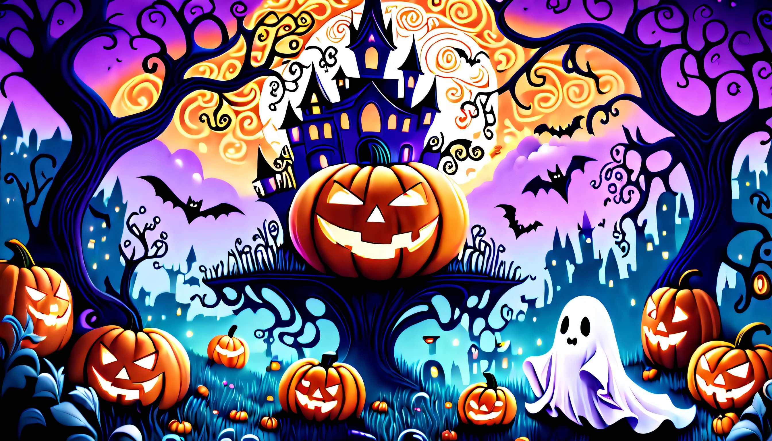 happy-halloween Insanely cute folktale, whimsical and enchanting fairytale-inspired illustration, vibrant cute, celebrate the spookiest night, brought to life through stunning visuals and intricate details, charm and nostalgia ghost, mystical presence, vibrant world of astral noir, vibrant world of astral noir lighting, conceptual contrast, (((stunning intricate detailed 32k render:1.3))), (((intricate insane details:1.3))), (((extremely incredibly detailed:1.3))), allure of fantasy with the dynamic energy of the digital realm,