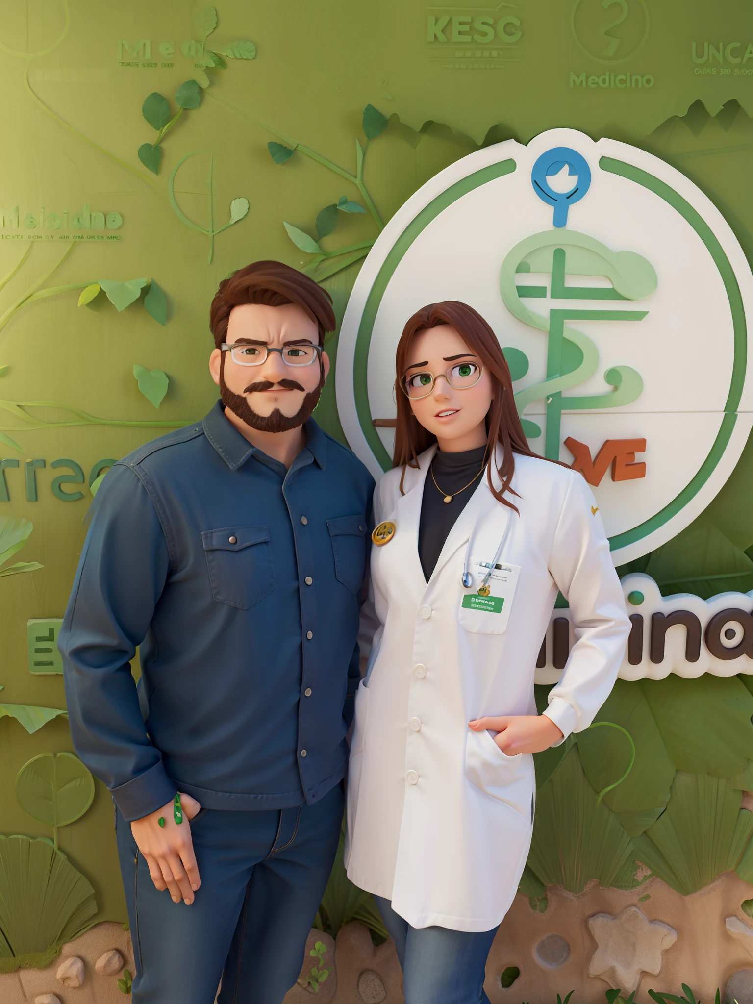 Um homem e uma mulher de jaleco. They stand in front of a green wall with a sign that says medicine , create 3D Disney pixar animation