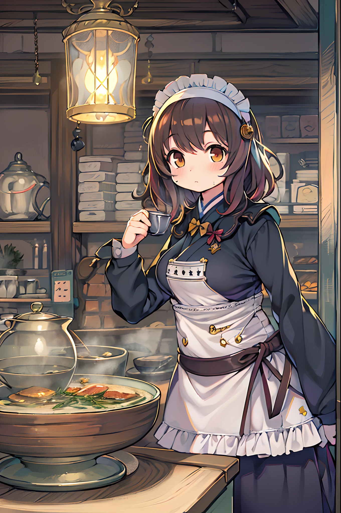 Anime girl in restaurant serving a cup of coffee, ( woman samurai ) girl, mysterious coffee shop girl, (SFW) safe for work, marin kitagawa fanart, small curvy , harry potter in a maid’s uniform, anime moe art style, cooking it up, nishimiya shouko, Chic, Morning Coffee, Umamusume, shinkai makoto