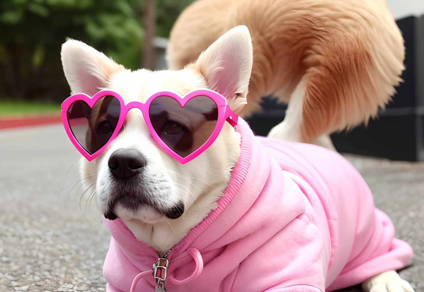 Fluffy dog wearibg pink heart sunglasses with pink tinted lenses