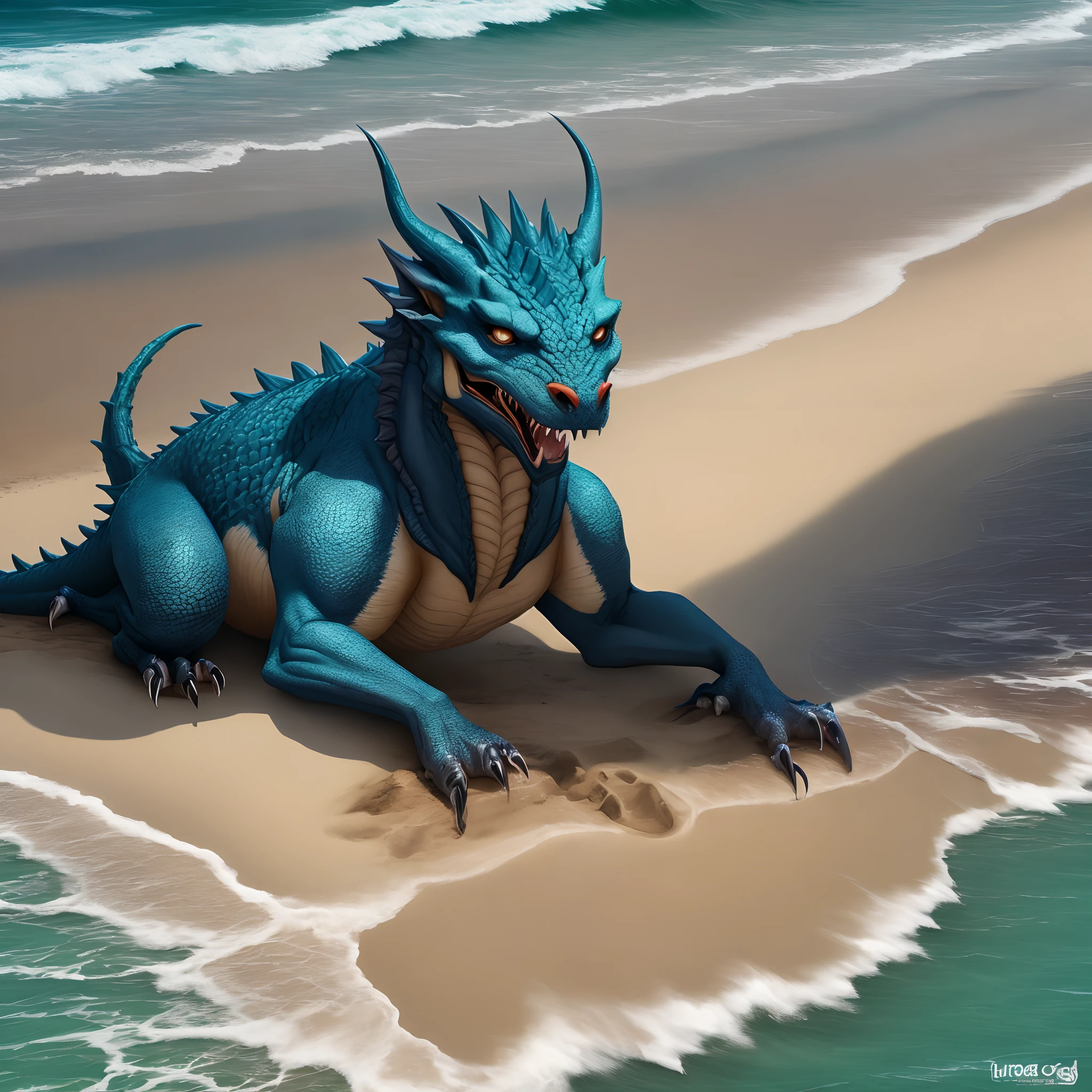 an extremely talented impressionist painting of mature AurothDOTA wyvern lying on beach, lying on side, cyan water, clear water, see-through water, tropic island background, ocean, wet, masterpiece, best quality, ultra-high-detailed, feral, female, anthro, detailed scales, slim body, athletic, curvy, light blue mane, uploaded on e621, nsfw, questionable content, scalie, wings, tail, wyvern, 1girl 1 boy, open mouth, sharp teeth, saliva dripping, saliva string in mouth, penis lying on tongue, small male big female, big penis, licking penis, (((penis on tongue))), (((male human under wyvern))), deepthroat