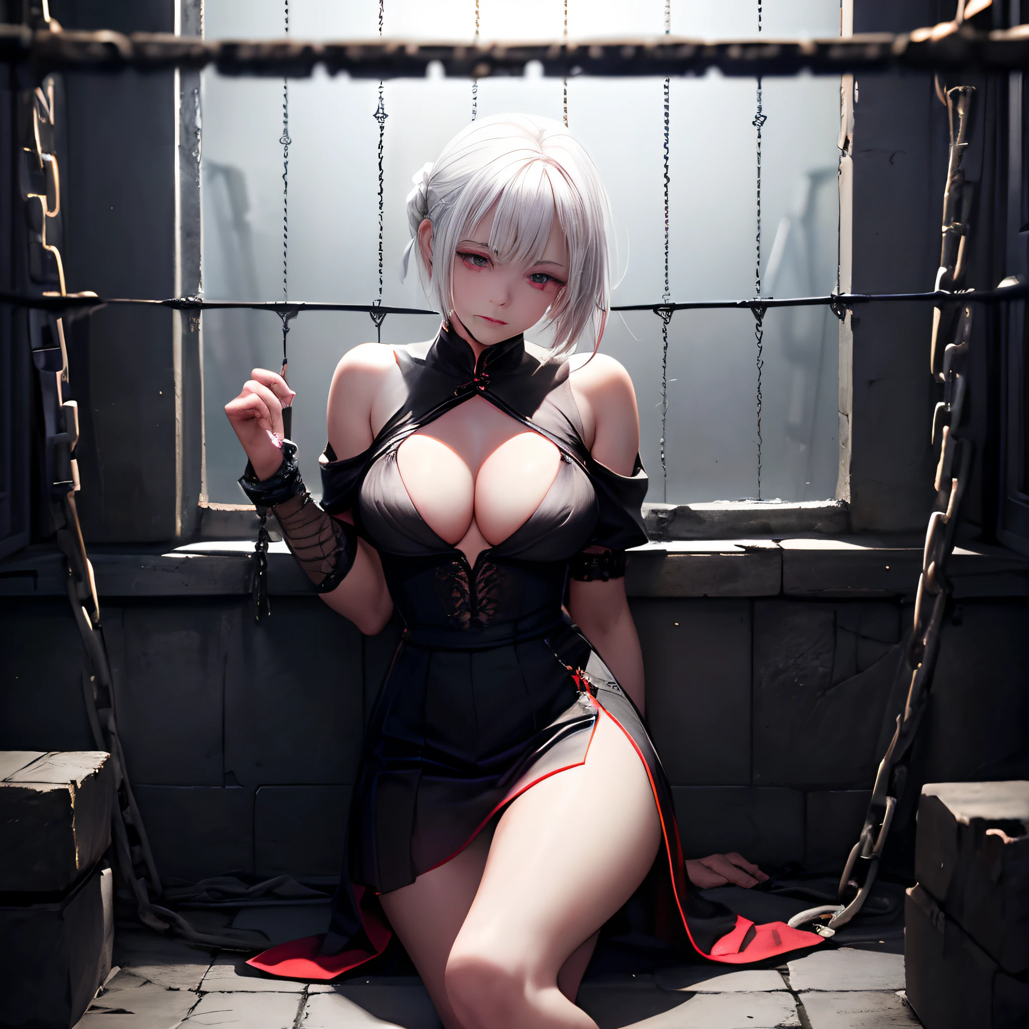 Realistic, prison, (old-fashioned, tight, thick bars, stone bricks), a girl (arms tied behind her back with chains, about 20 years old, behind bars, white hair, purple mesh, red eyes, eyes moist with tears, black china dress, skirt slit deep, cleavage exposed, shoulders and right leg exposed), red face, underground (dimly lit, chains, barbed wire, girl is at front of room) right leg exposed)