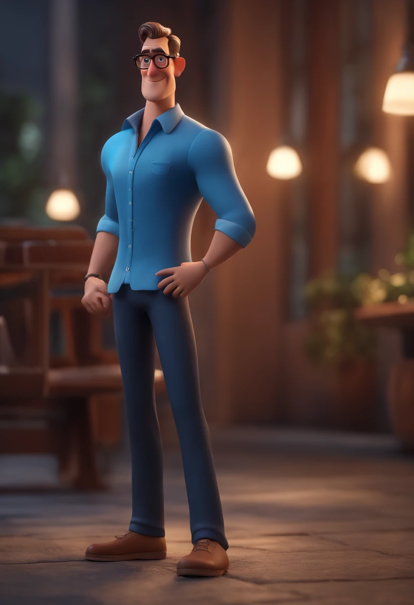 Cartoon character of a man with black glasses and a blue shirt, animation character, Caractere estilizado, animation style rendering, 3D estilizado, Arnold Maya render, 3 d render stylized, toon render keyshot, Personagem 3D, Personagem 3D, 3d rendering stylized, 3 d character render, personagem de desenho animado, Personagem de close up, Pose de personagem,  (Estilo Pixar) (master part:1.2) (Bokeh) (best quality) (pele detalhada) (textura detalhada) (8k) (argila) (Cinematic lighting) (foco nítido