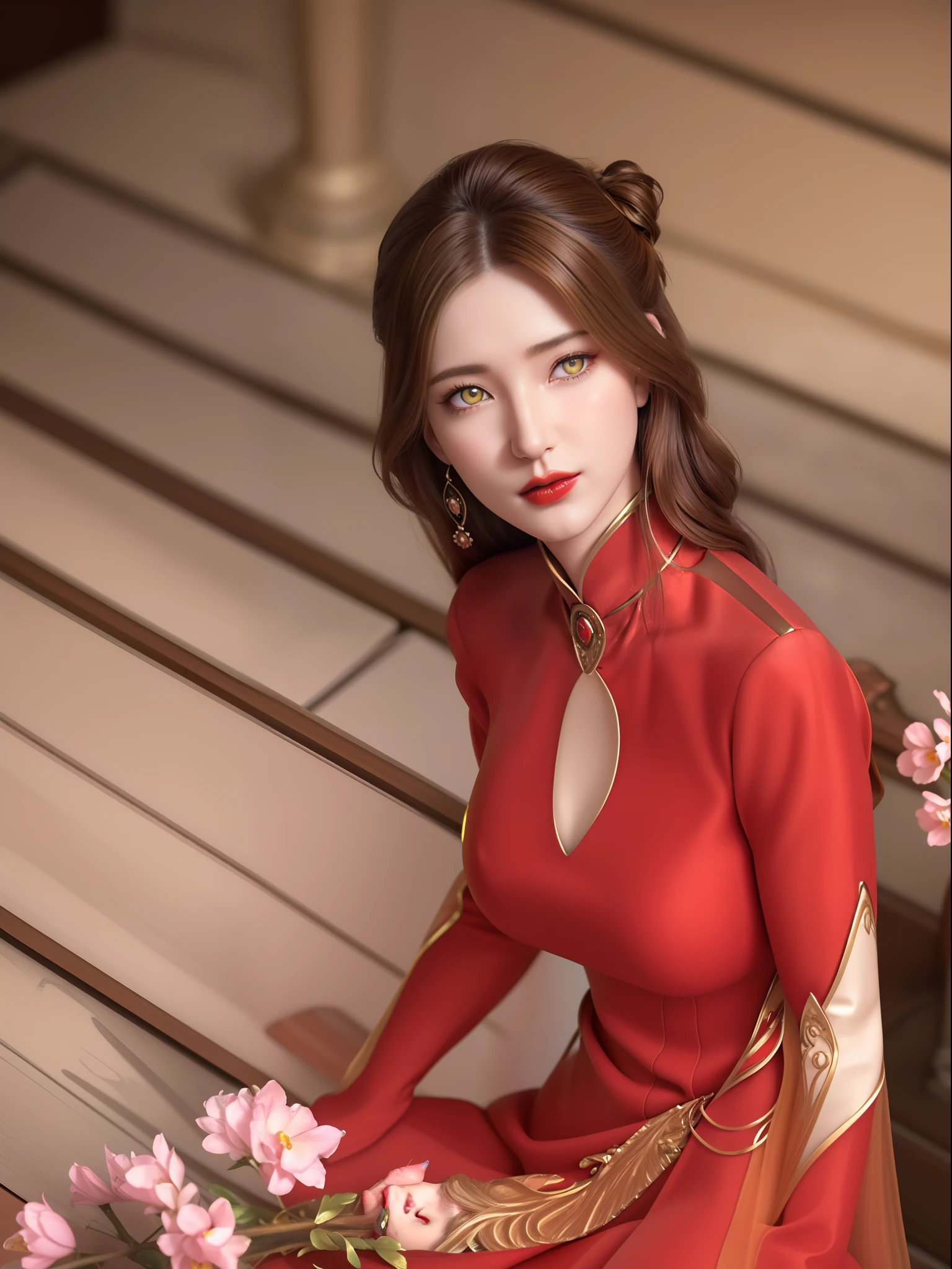 (hyperrealistic), (illustration), (high resolution), (8K), (extremely detailed), (best illustration), (beautiful detailed eyes), (best quality), (ultra-detailed), (masterpiece), (wallpaper), (photorealistic), (natural light), (rim lighting), (detailed face), (high detailed realistic skin texture), (anatomically correct), (solo), (1 girl), (high detailed realistic hair), (caramel hair:1.35), (heterochromic eyes), (detailed eyes), (light yellow eyes:1.37), (sparkling eyes), (realistic big breasts:1.5), (exposed  breasts:1.35), (long legs), (slender abs), (dynamic pose), (closed tiny mouth:1.3), (nsfw), (concentrated expression), (topless), (red lipstick:1.3)