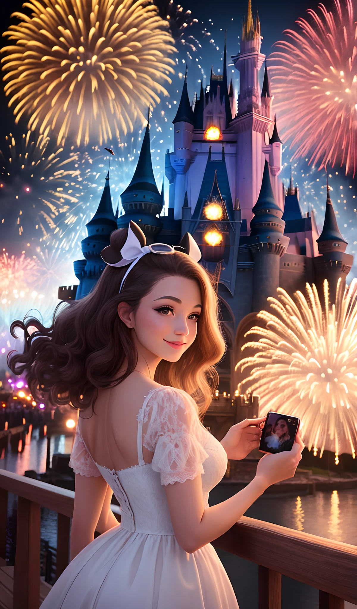 A beautiful woman taking a photo with fireworks at a Disney castle