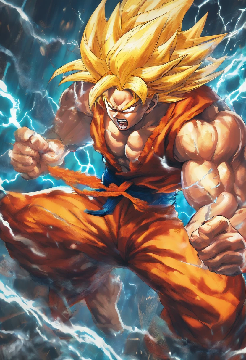 Realistic 3D rendering of Goku Super Saiyan fused Aquaman, surrounded by lightning, grande musculatura, fotografia de corpo inteiro, hiper-realista