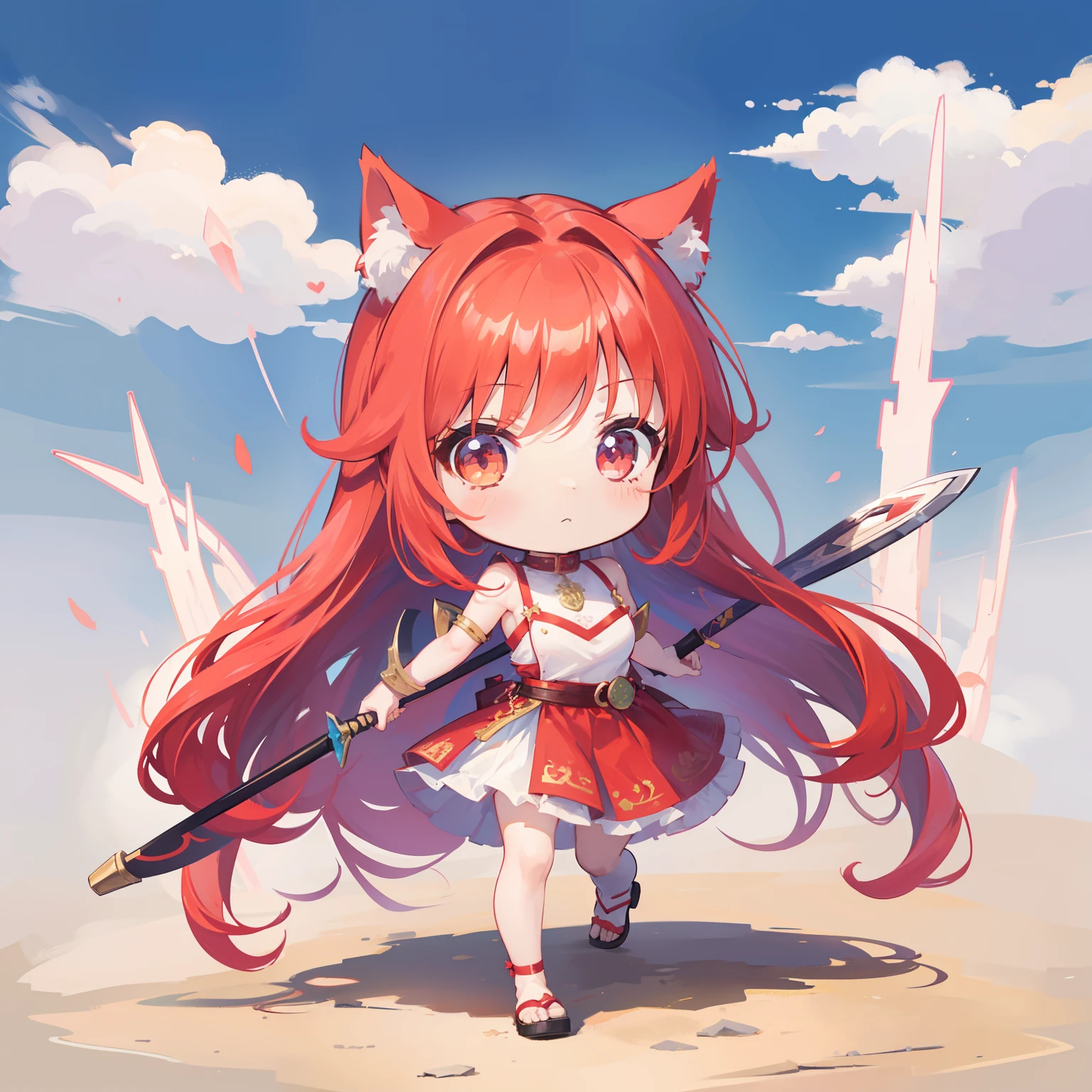 1girl in Chibichara Long hair with adorable red hair((Chibi Chara))、Hopliteai、Hoplite Costume、With weapons、Hoplite Pose、girl with、Chibi Chara、full body Esbian、Pastel colors hair、masutepiece、top-quality、Nekomimi Background to fantasy、rainbows