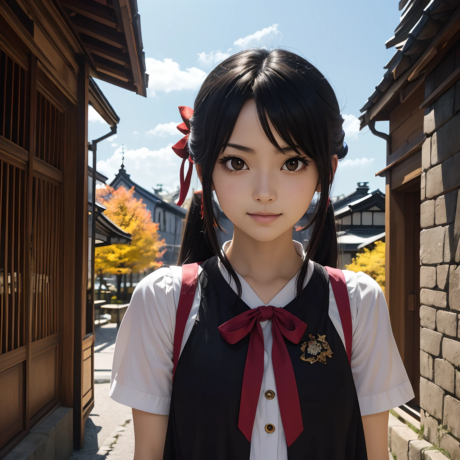 The art of Yaguru Majiku, A maiden wearing black knightly armor, Angry smile, The style of Kyoto animation in the 2010s, offcial art, ((((Black hair)), The look in Suzumiya Haruhime's eyes, The face of Haruhime Suzumiy)), Beautiful symmetrical face, pony tails, Medieval European castle in autumn, fantasy, Alone, Solo, 8K, Suzumiya Haruhime's pose