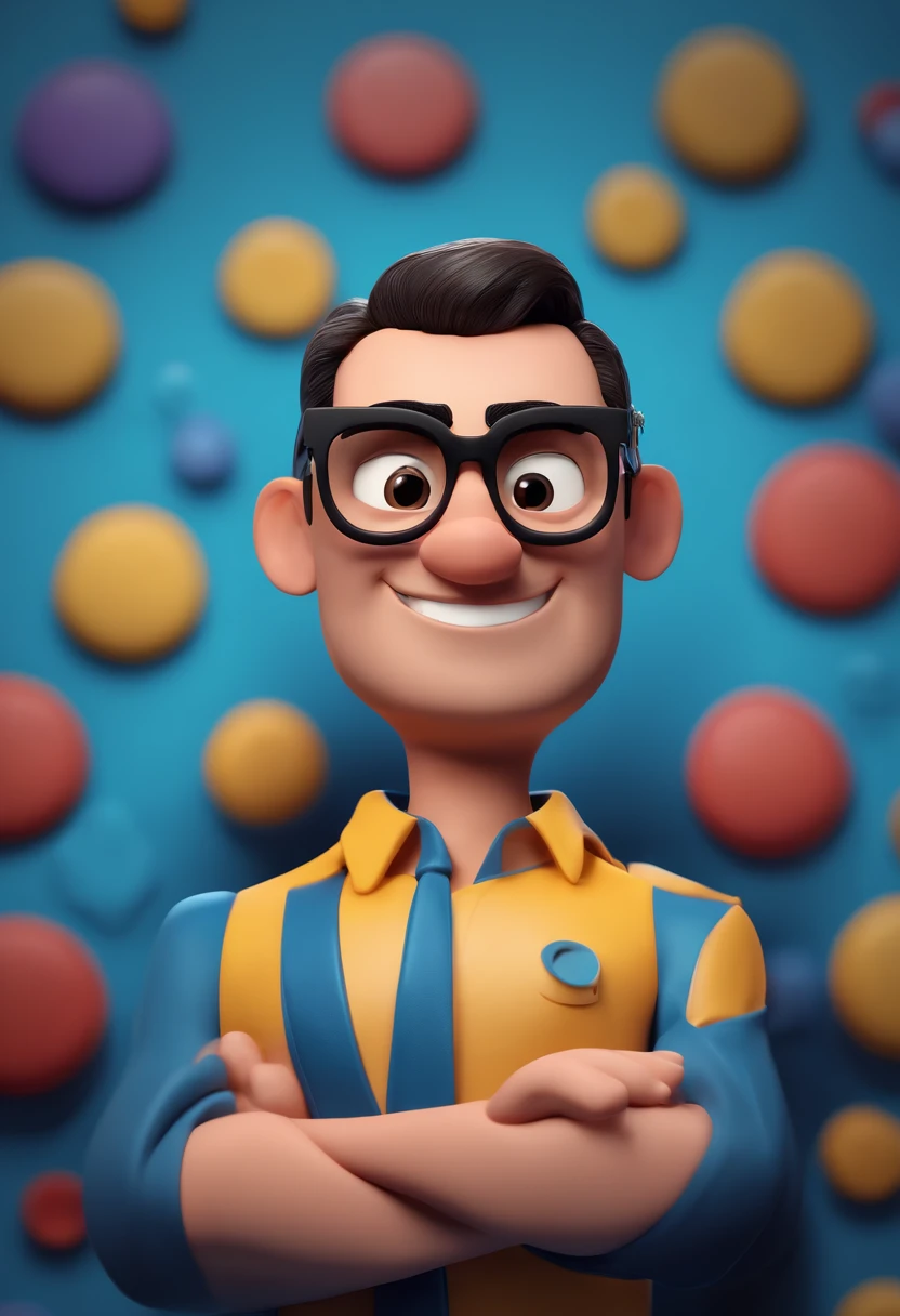 Cartoon character of a man with black glasses and a blue shirt, animation character, Caractere estilizado, animation style rendering, 3D estilizado, Arnold Maya render, 3 d render stylized, toon render keyshot, Personagem 3D, Personagem 3D, 3d rendering stylized, 3 d character render, personagem de desenho animado, Personagem de close up, Pose de personagem, (Estilo Pixar) (master part:1.2) (Bokeh) (best quality) (pele detalhada) (textura detalhada) (8k) (argila) (Cinematic lighting) (foco nítido