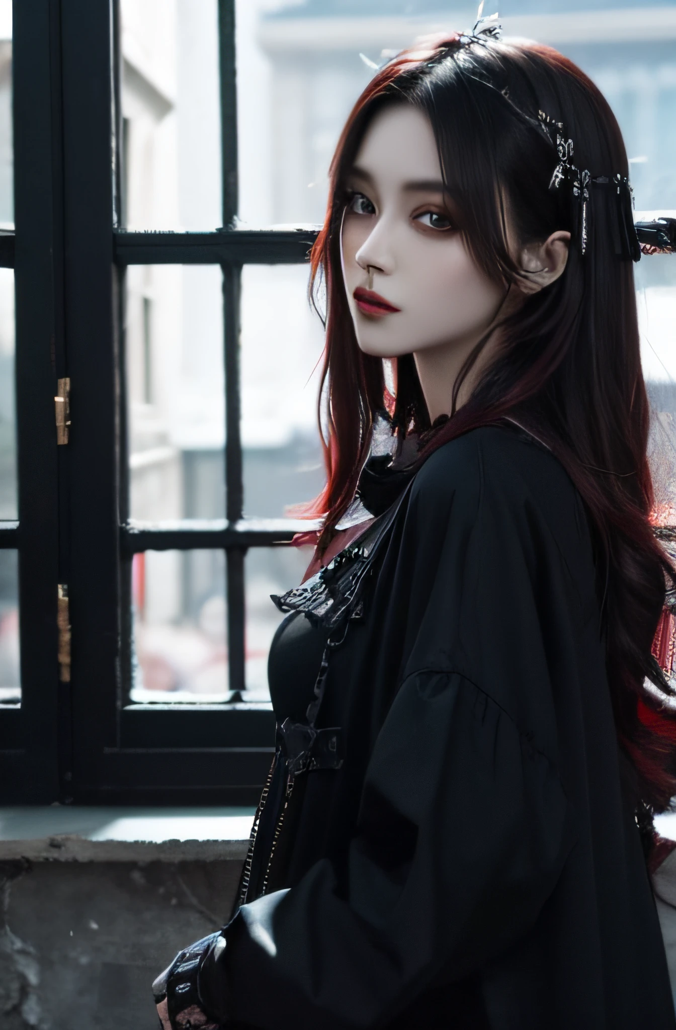 top-quality、8k、masterpiece:1.3、Gothic Punk、Red inner color、A dark-haired、hair adornments、a beauty girl、creative、dark fantasy style、Neogos、Goth Fashion:1.2