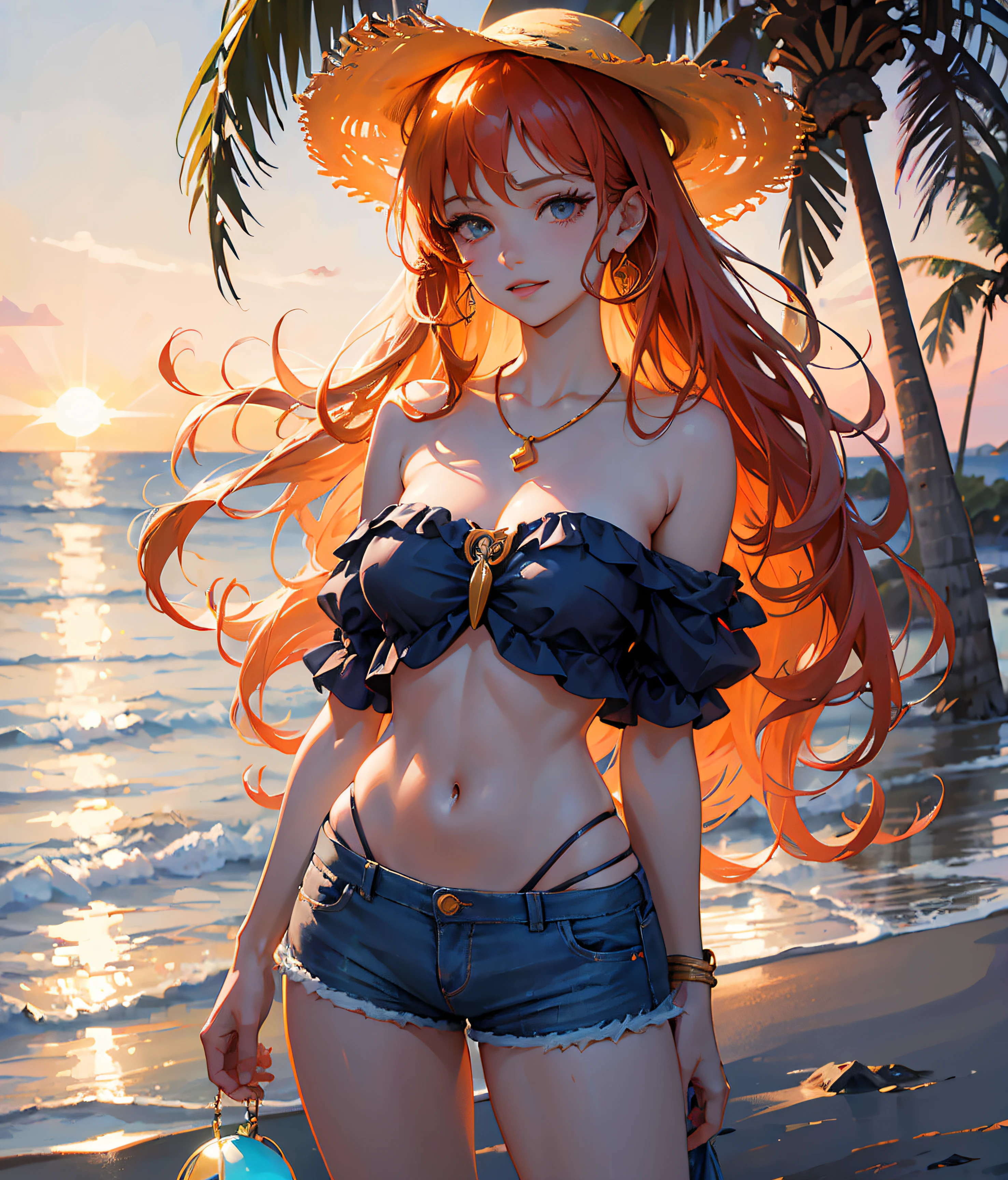 (Best Quality,4k,8K,high resolucion,Masterpiece:1.2),Ultra-detailed,(realisitic,Photorealistic,Realistis:1.37),Cute, beautiful and gorgeous Nami in One Piece,portrait of a,female character,animesque,Beautiful detailed eyes,Beautiful details lips,extremely detailed eyes and face,long eyeslashes,Brilliant smile,Long orange hair,Curly hair styles,Stylish straw hat,White symbol navy blue strapless top,Exquisite Gold Necklace,Blue Jean Shorts,Navigation log pose in her hands,Intense facial expressions,playful pose,Standing on the beach at sunset with palm trees and clear skies,White sand and clear turquoise water,Sparkling sunlight,Soft, warm sunlight,Refreshing sea breeze,Vibrant, saturated colors,Anime-style shading,soft soft lighting.