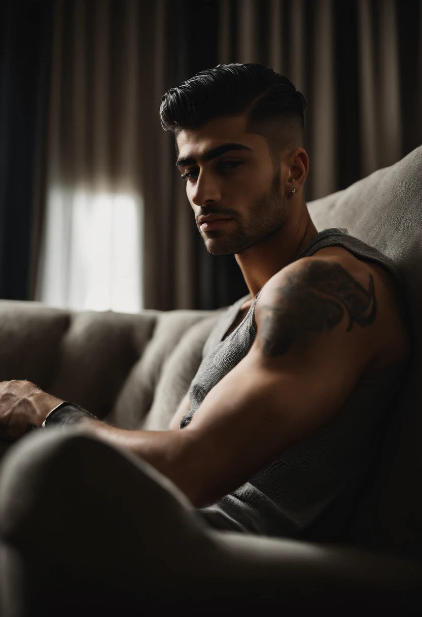 um homem musculoso com a aparencia do Zayn Malik sentando no sofa, sexy, com um olhar penetrante