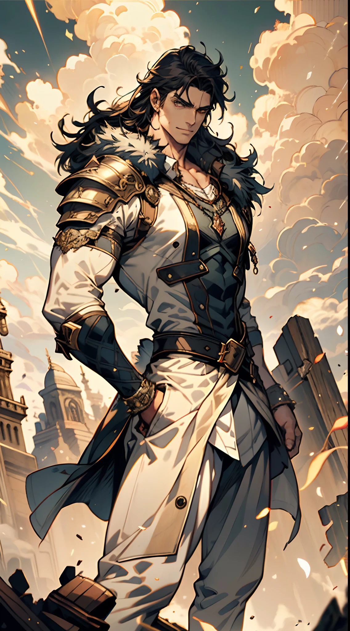 A middle-aged man of about 40, long hair in a striking red and black combination, wild and disheveled hairstyle, a fierce gaze, a confident smile, A lightning-shaped tattoo adorns his left face , a sturdy physique, a majestic fantasy-style coat with short sleeves, a form-fitting scale armor undershirt, Black fur shawl, wrist guards on his wrists, coarse cloth pants, e stands tall like a divine figure against a background of crumbling earth, with floating debris all around, this character embodies a finely crafted child with a fantasy-style dominant in anime style, characterized by an exquisite and mature manga illustration art style, high definition, best quality, highres, ultra-detailed, ultra-fine painting, extremely delicate, professional, anatomically correct, symmetrical face, extremely detailed eyes and face, high quality eyes, creativity, RAW photo, UHD, 8k, Natural light, cinematic lighting, masterpiece-anatomy-perfect, masterpiece:1.5