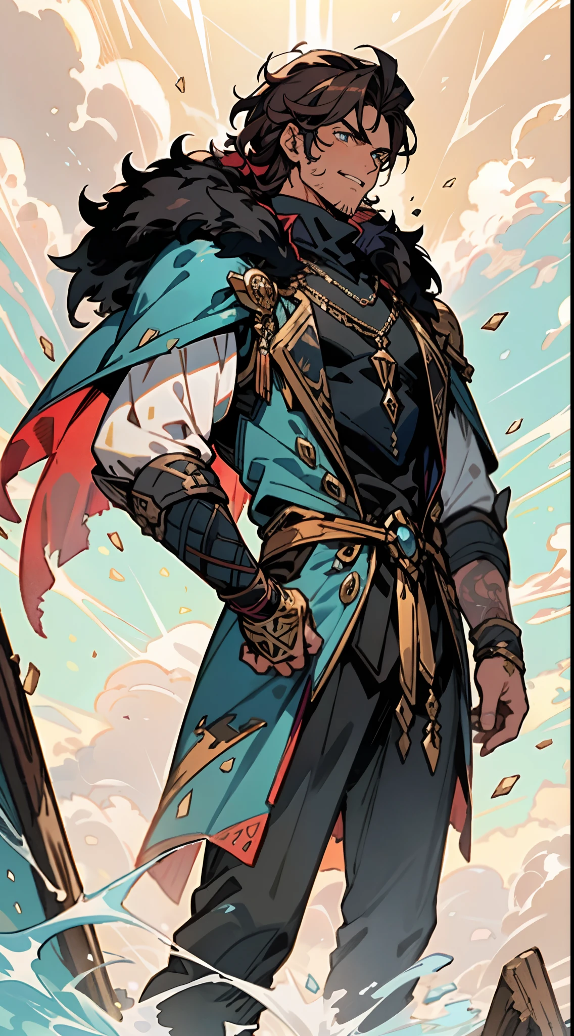 A middle-aged man of about 40, long hair in a striking red and black combination, wild and disheveled hairstyle, a fierce gaze, a confident smile, A lightning-shaped tattoo adorns his left face , a sturdy physique, a majestic fantasy-style coat with short sleeves, a form-fitting scale armor undershirt, Black fur shawl, wrist guards on his wrists, coarse cloth pants, e stands tall like a divine figure against a background of crumbling earth, with floating debris all around, this character embodies a finely crafted child with a fantasy-style dominant in anime style, characterized by an exquisite and mature manga illustration art style, high definition, best quality, highres, ultra-detailed, ultra-fine painting, extremely delicate, professional, anatomically correct, symmetrical face, extremely detailed eyes and face, high quality eyes, creativity, RAW photo, UHD, 8k, Natural light, cinematic lighting, masterpiece-anatomy-perfect, masterpiece:1.5