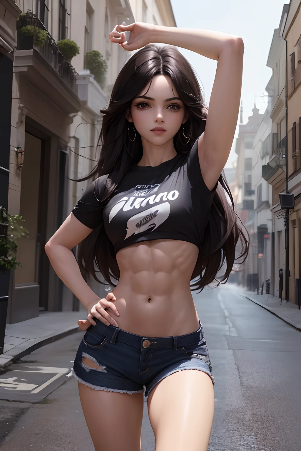 ((pecho grande, Cabello largo, Small head)), Daylight, luz del sol, (ABS bien definidos: 1.1), (cuerpo perfecto: 1.1), (cabello largo y ondulado: 1.2), Cabello morado, cuello, cadena, Foto de cuerpo entero, Calle en mal estado, con una camiseta negra sin mangas, Chaqueta vaquera, ((shorts)), (fondo de pantalla CG 8k extremadamente detallado), (extremadamente delicado y hermoso), (Obra maestra), (La mejor calidad: 1.0), (Ultra Resolution: 1.0), beautiful lighting, Perfect lightning, Sombras realistas, [High resolution], Aspectos detallados, Ultra detallado
