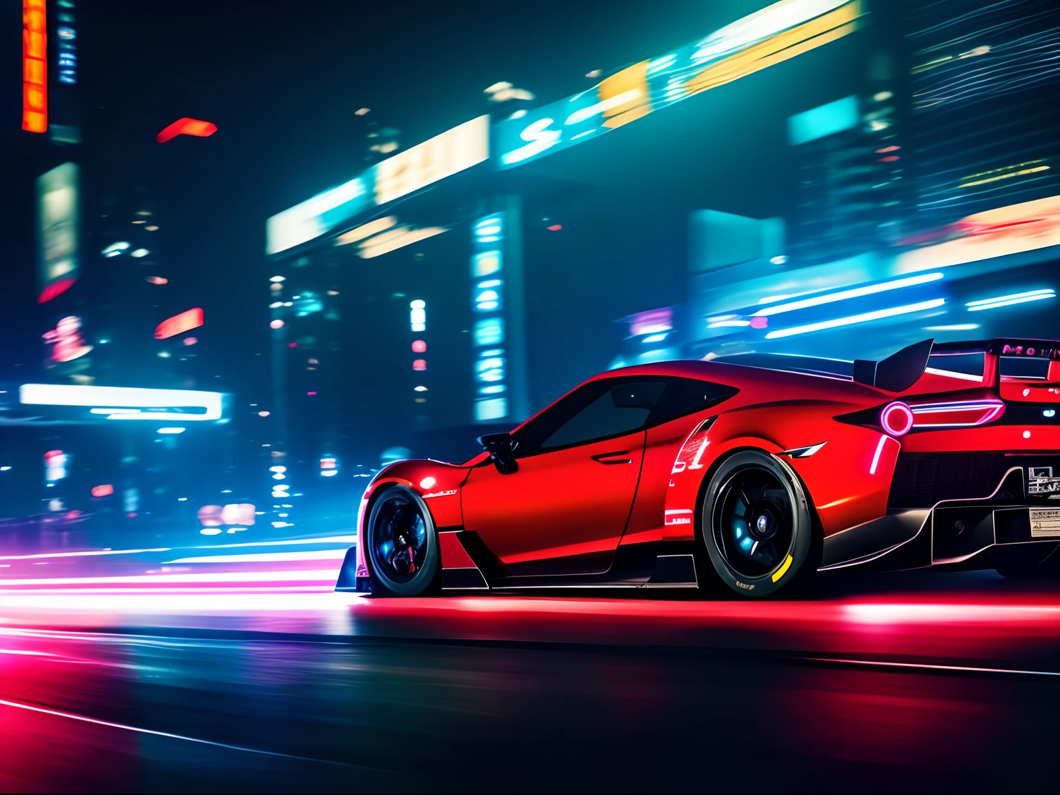 Cinematic shot [supercar] on illegal race on [Tokyo Streets], [at night, neon lighting], [low angle], action scene, dynamic action, film grain, motion blur, Epic realism, raw photo, highly-detailed, 8k, in the style of Tokyo Drift