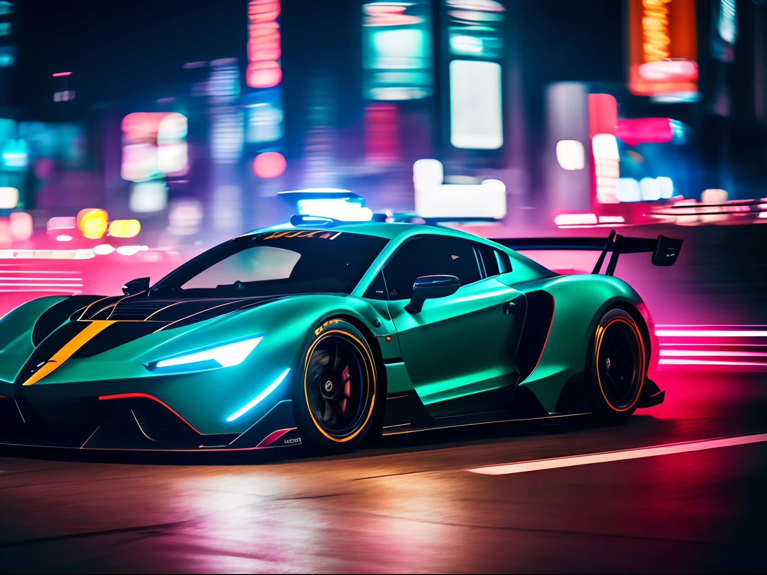 Cinematic shot [supercar] on illegal race on [Tokyo Streets], [at night, neon lighting], [low angle], action scene, dynamic action, film grain, motion blur, Epic realism, raw photo, highly-detailed, 8k, in the style of Tokyo Drift