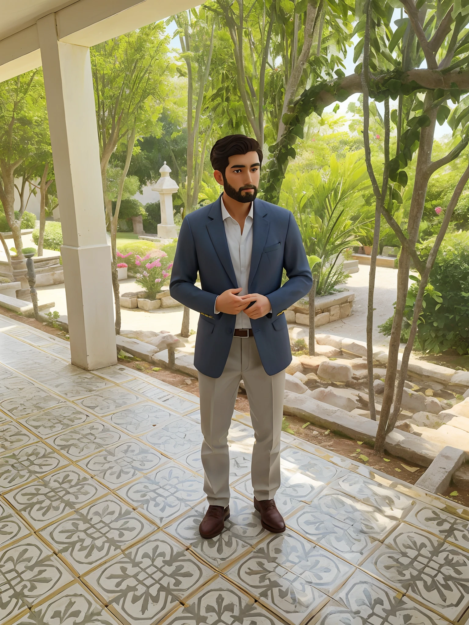 There is a man standing on a tiled floor in a room, vestido com um terno jodhpuri, standing in a botanical garden, full body photogenic shot, ready for a meeting, imagem de corpo inteiro, wearing business suit, Tiro na Canon EOS R5, Tiro na Canon EOS R 5, usando um blazer, wearing a business suit, fazendo uma pose elegante