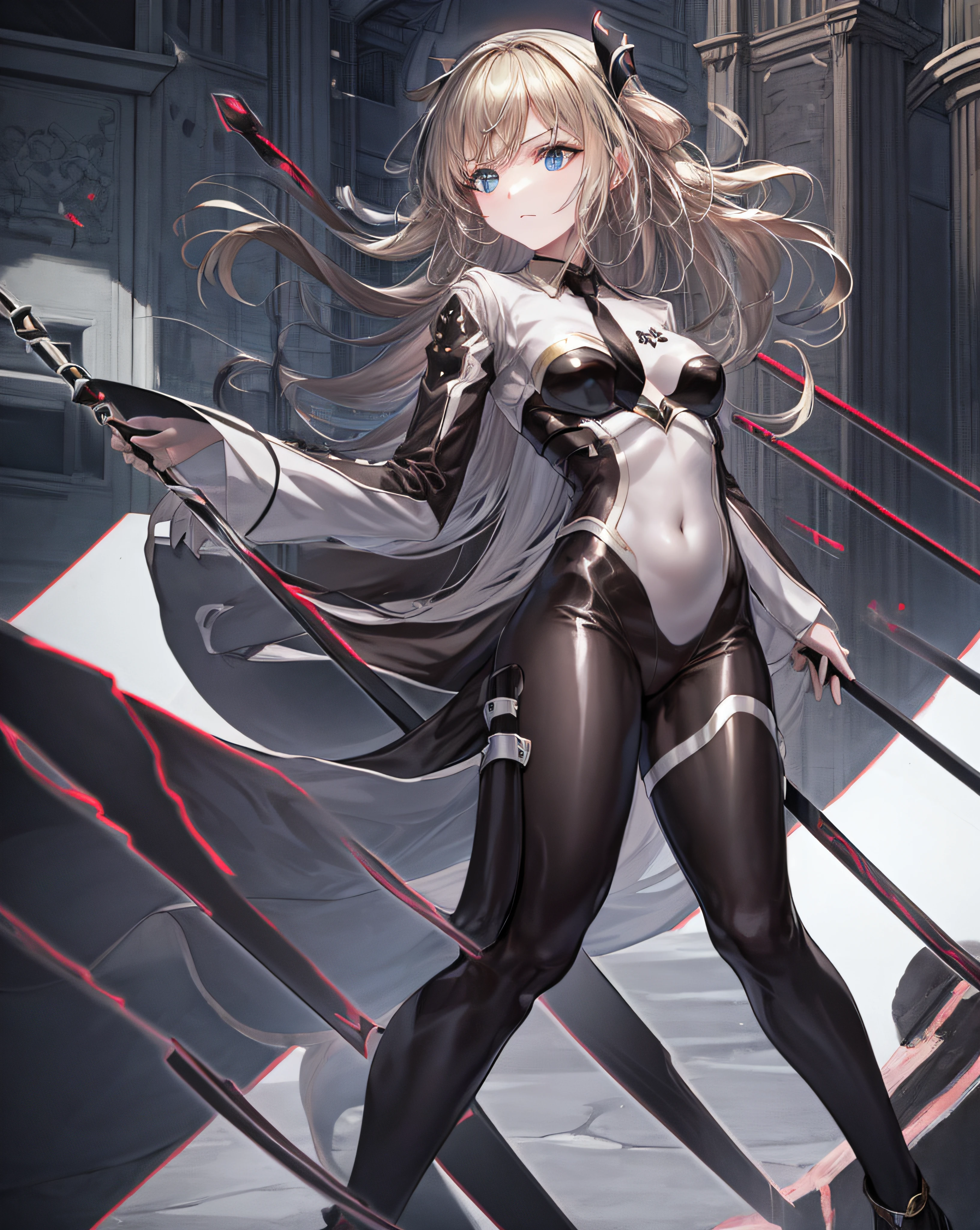 masterpiece, best quality,choker,1girl,full body,On the city wall, No expression,Detailed hands, Complex light and shadow, delicate lines, Background blurring, depth of field, Blond hair, black headdress.Dark brown tie