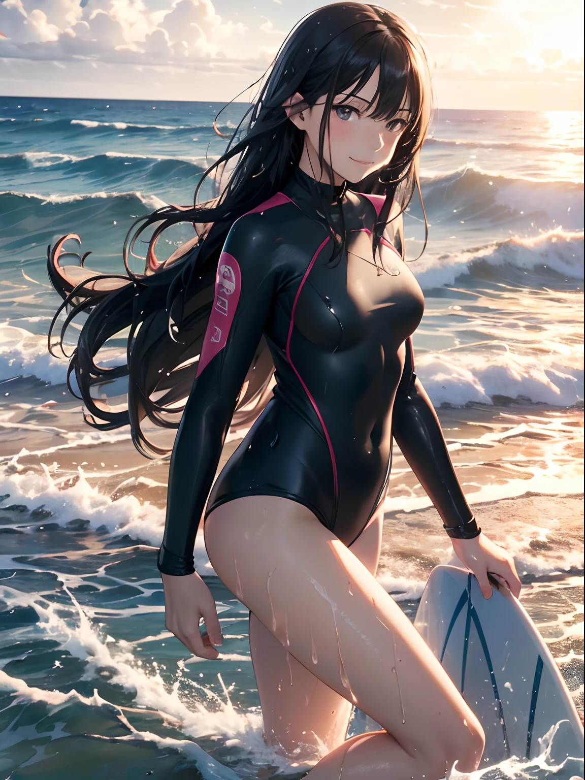 (masutepiece), (Best Quality), hyper detailed illustration,beautiful artwork,(Extreme Detail CG Unity 8K wallpaper、masterpiece、top-quality)、(exquisite lighting and shadow、highly dramatic picture、cinematic lens effects)、Young ager girl on the beach,1girl in, (surf
suit:1.3), Solo, Outdoors, Long hair, Wet, breasts, Surfing,Covered navel, skyporn, Water, Black hair, Big smile, Brown eyes, day, Small breasts, Bangs, Sunlight, (Wet:1.3),(Water splash:1.1),Open mouth,(straggling hair:1.3), Dramatic Horizon,(sunlight shining),(The swimsuit is wet),(Strong sunshine:1.1),(Lens Flare:1.2),(Tsurime:1.2),Head tilt, information,(From Side:1.2),(Sweat:1.2),(light Particle),(On the beach), (Colorful wetsuit),(Evil smile:1.2),bare-legged,(High-top surfsuit:1.2),(Bare legs),