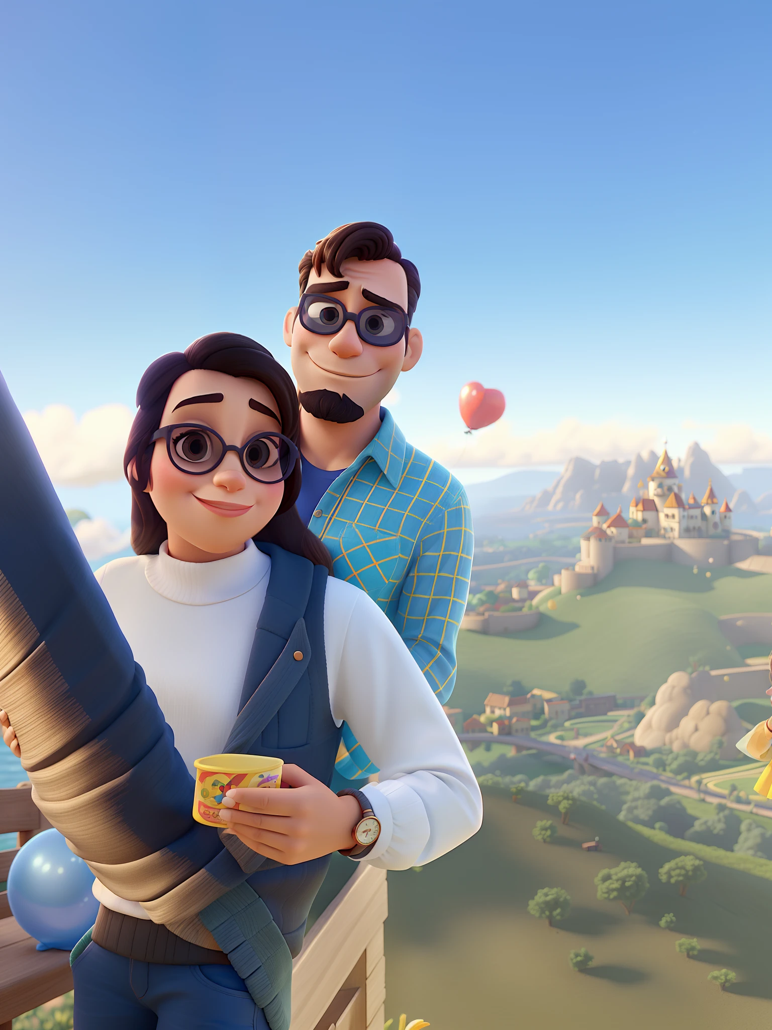 Um casal estilo Disney pixar, homem com barba , Woman with sunglasses, background with balloons , alta qualidade ,melhor qualidade