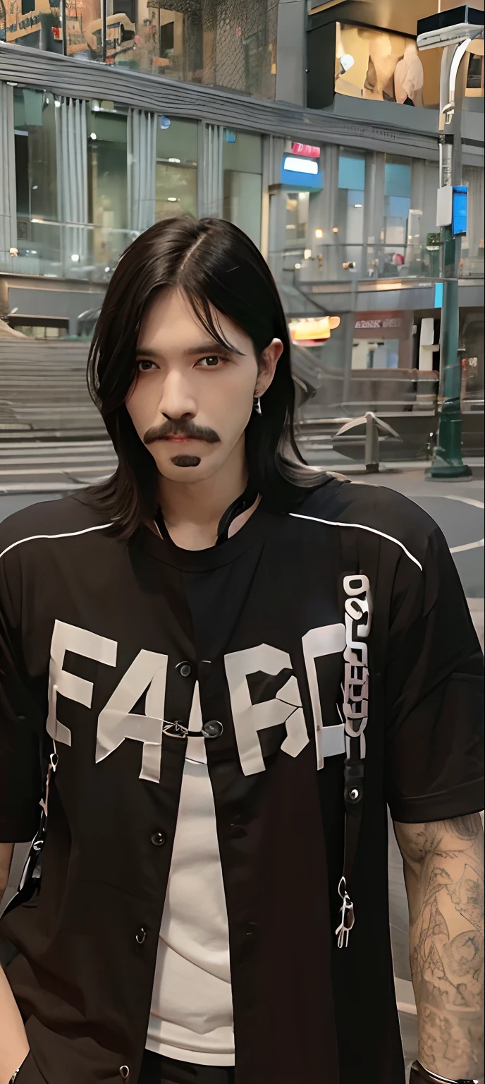 1male, realistic, best quality, black hair, medium hair, Thin mustache, black shirt, white sleeves, bracelet, men's earrings, 70mm lens, undawn